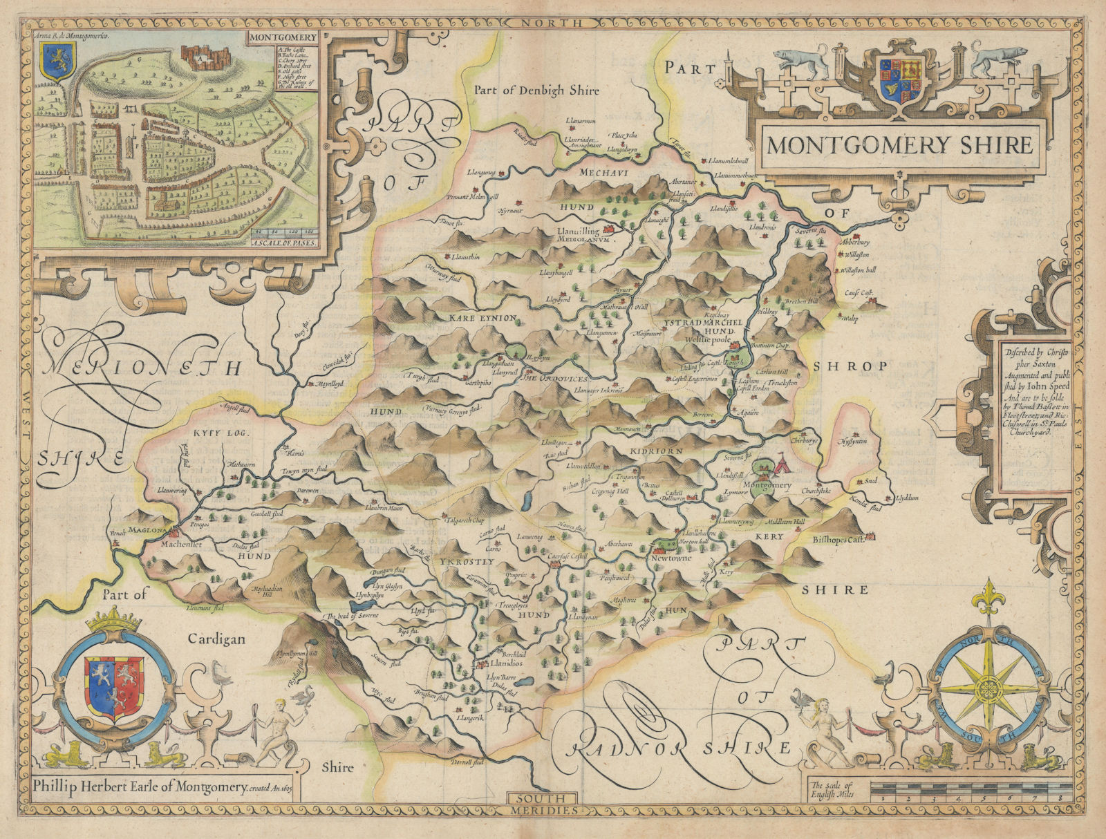 Montgomeryshire county map by John Speed. Bassett & Chiswell edition 1676