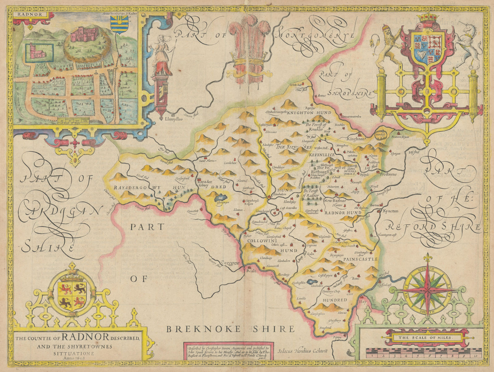Associate Product Countie of Radnor. Shire/county map by John Speed. Bassett/Chiswell edition 1676