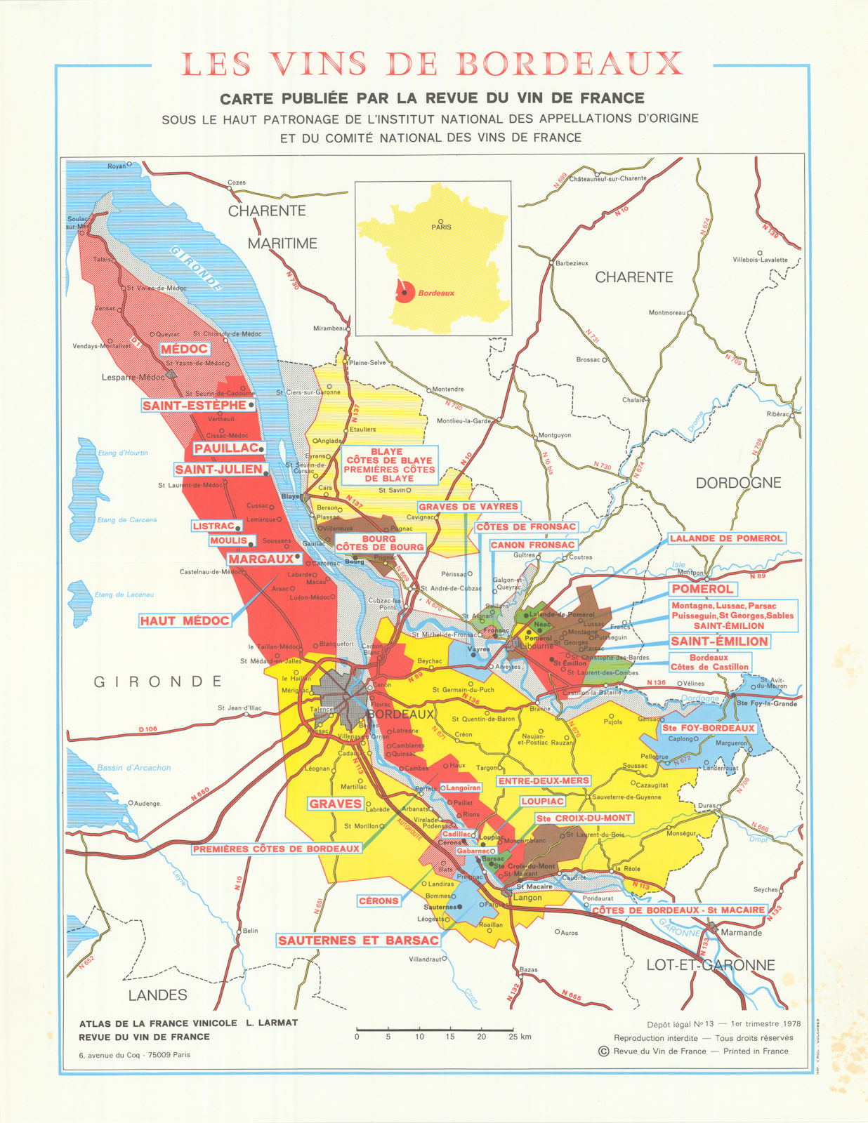 Les Vins de Bordeaux wine map. LARMAT / La Revue du Vin de France 1978 old