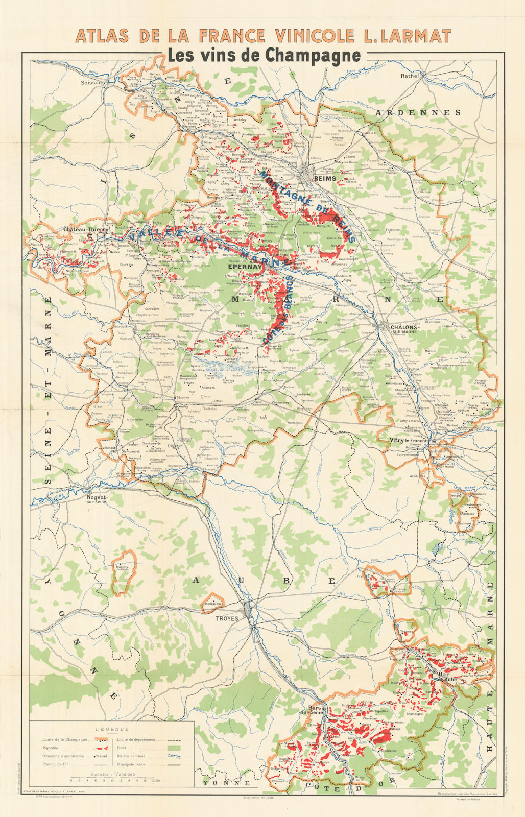CHAMPAGNE VINS/WINE MAP Carte Générale showing vineyards vignobles. LARMAT 1944