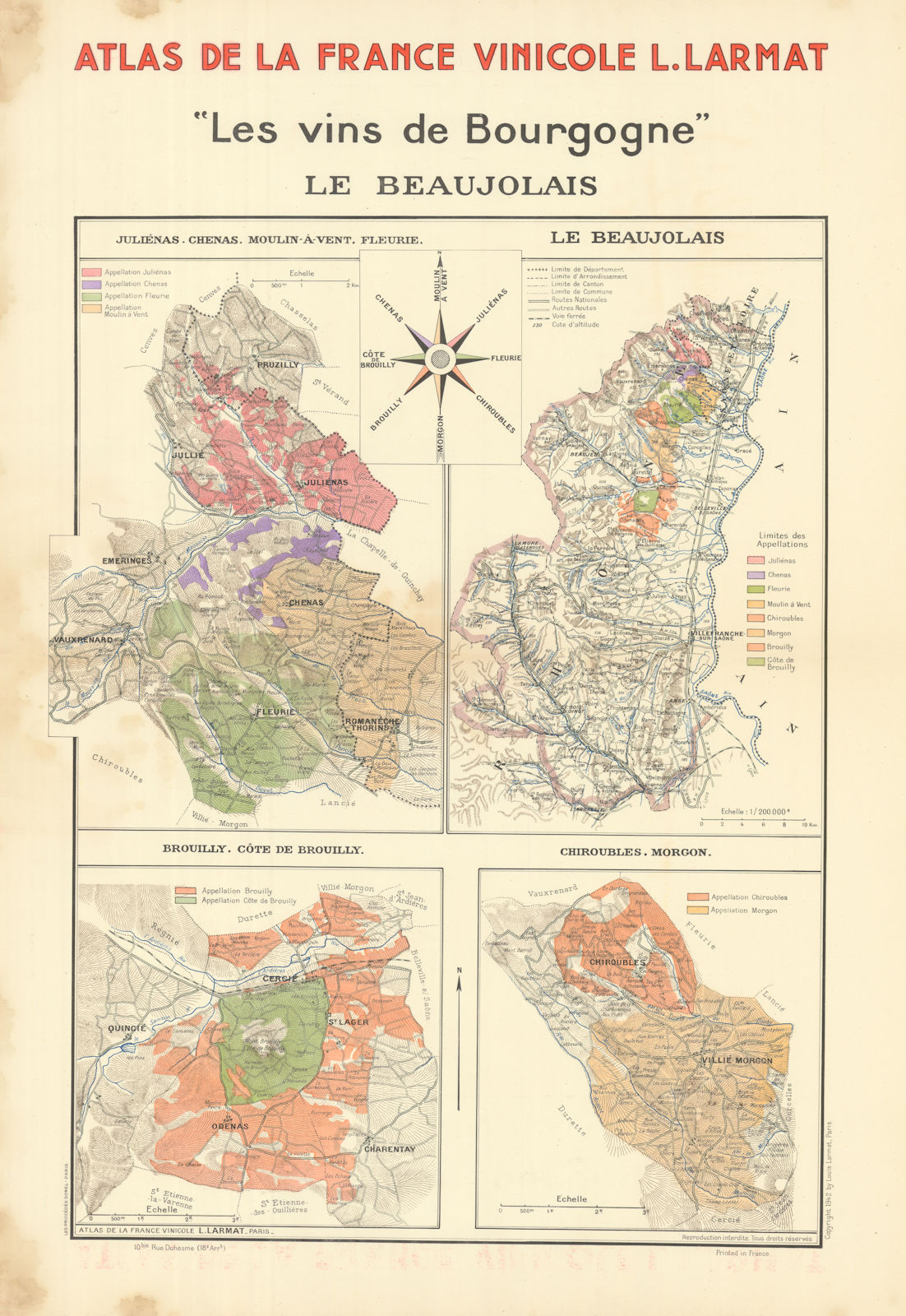 BURGUNDY BOURGOGNE WINE MAP Le Beaujolais. Appellations vineyards. LARMAT 1942