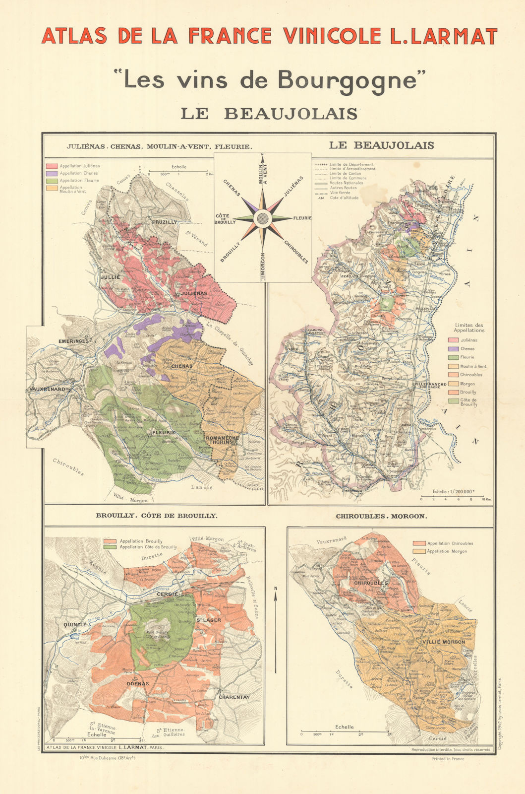 BURGUNDY BOURGOGNE WINE MAP Le Beaujolais. Appellations vineyards. LARMAT 1942