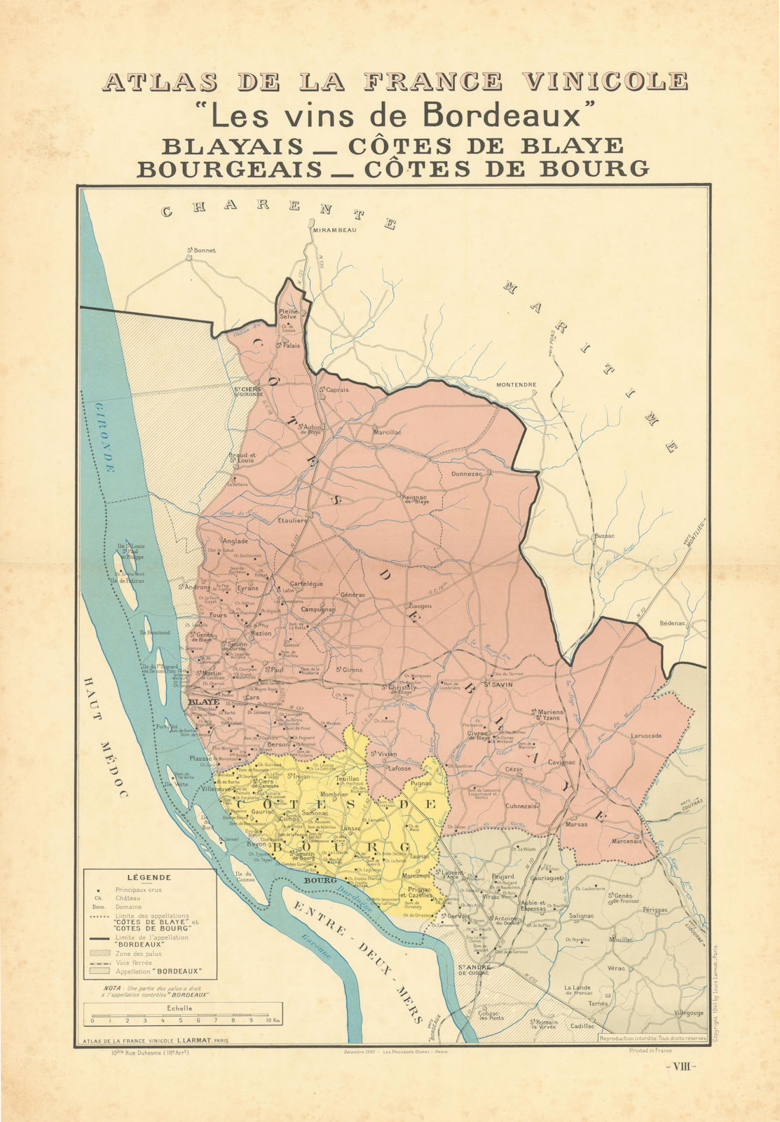 BORDEAUX VINS WINE MAP. Blayais Côtes de Bourg & Blaye Bourgeais. LARMAT 1941