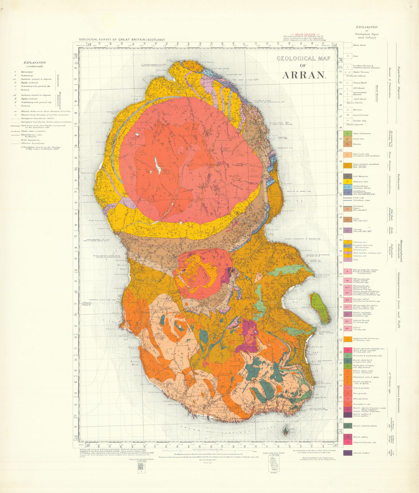 Geological map of Arran. Solid edition geological survey map sheet Scotland 1961