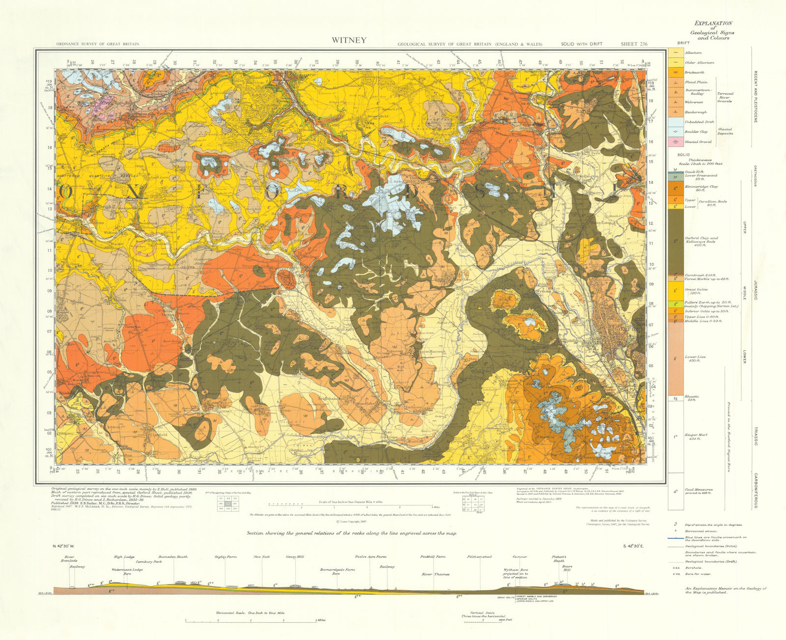 Witney geological survey sheet 236. Oxford Burford Cotswolds Thames 1972 map