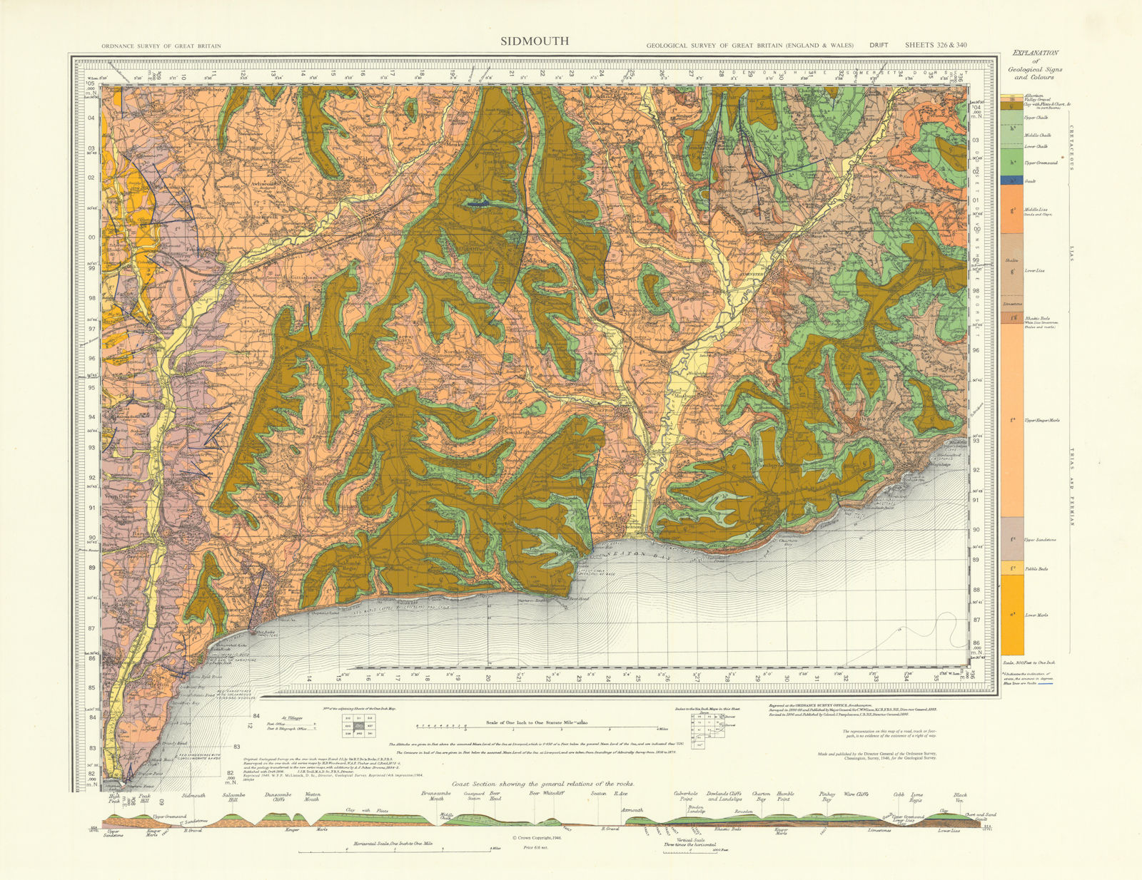Associate Product Sidmouth geological survey sheet 326 and 340. East Devon Jurassic Coast 1964 map