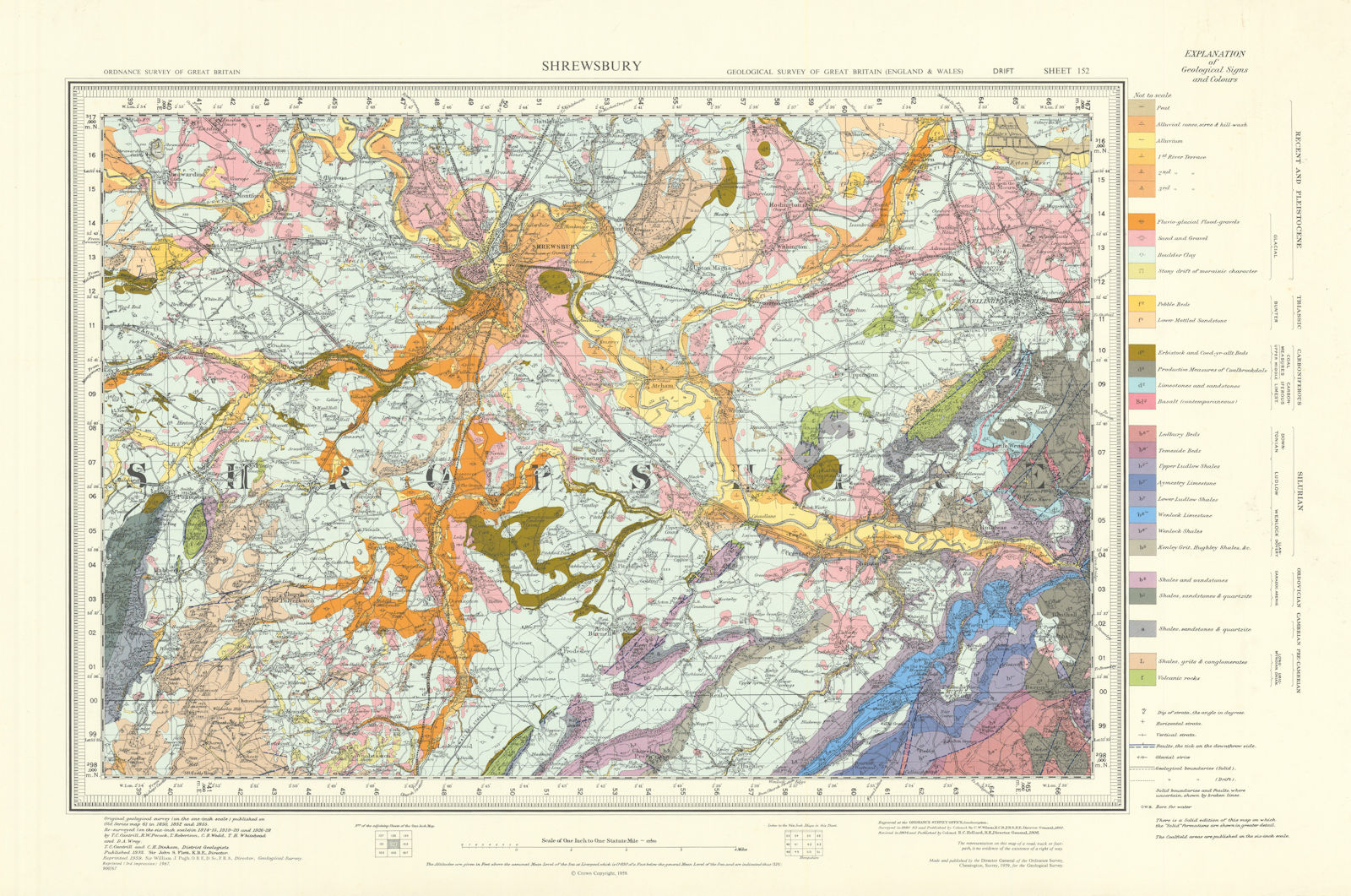 Shrewsbury geological survey sheet 152 River Severn Wenlock Edge 1967 old map