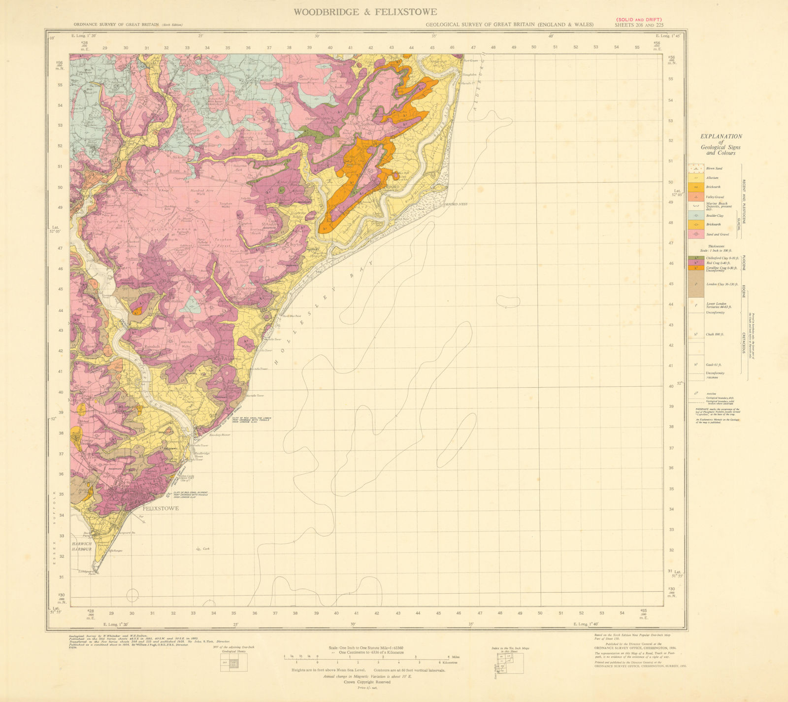 Woodbridge Felixstowe geological survey sheet 208+ Suffolk Coast Heaths 1956 map