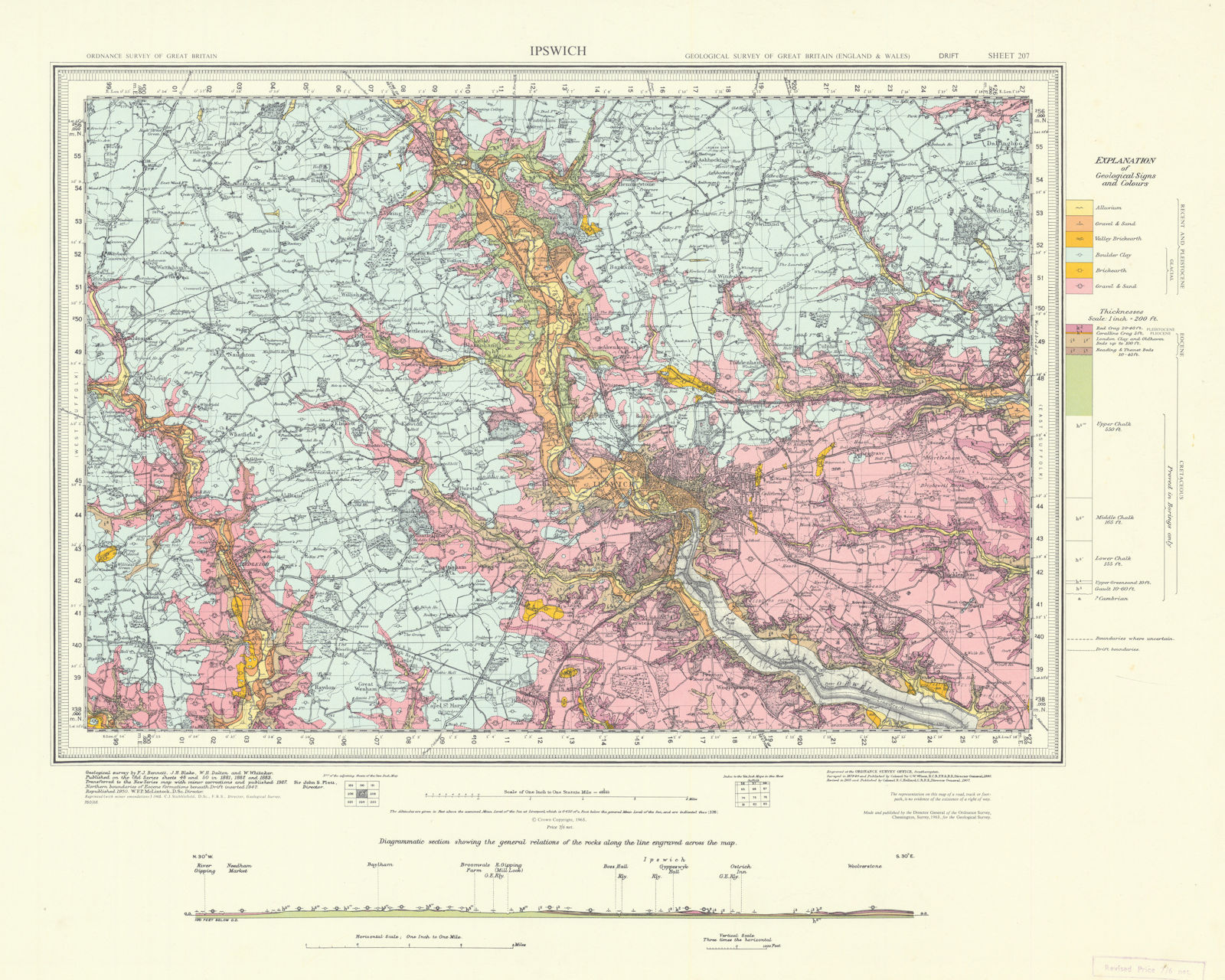 Ipswich geological survey sheet 207 River Orwell Suffolk Coast & Heaths 1965 map