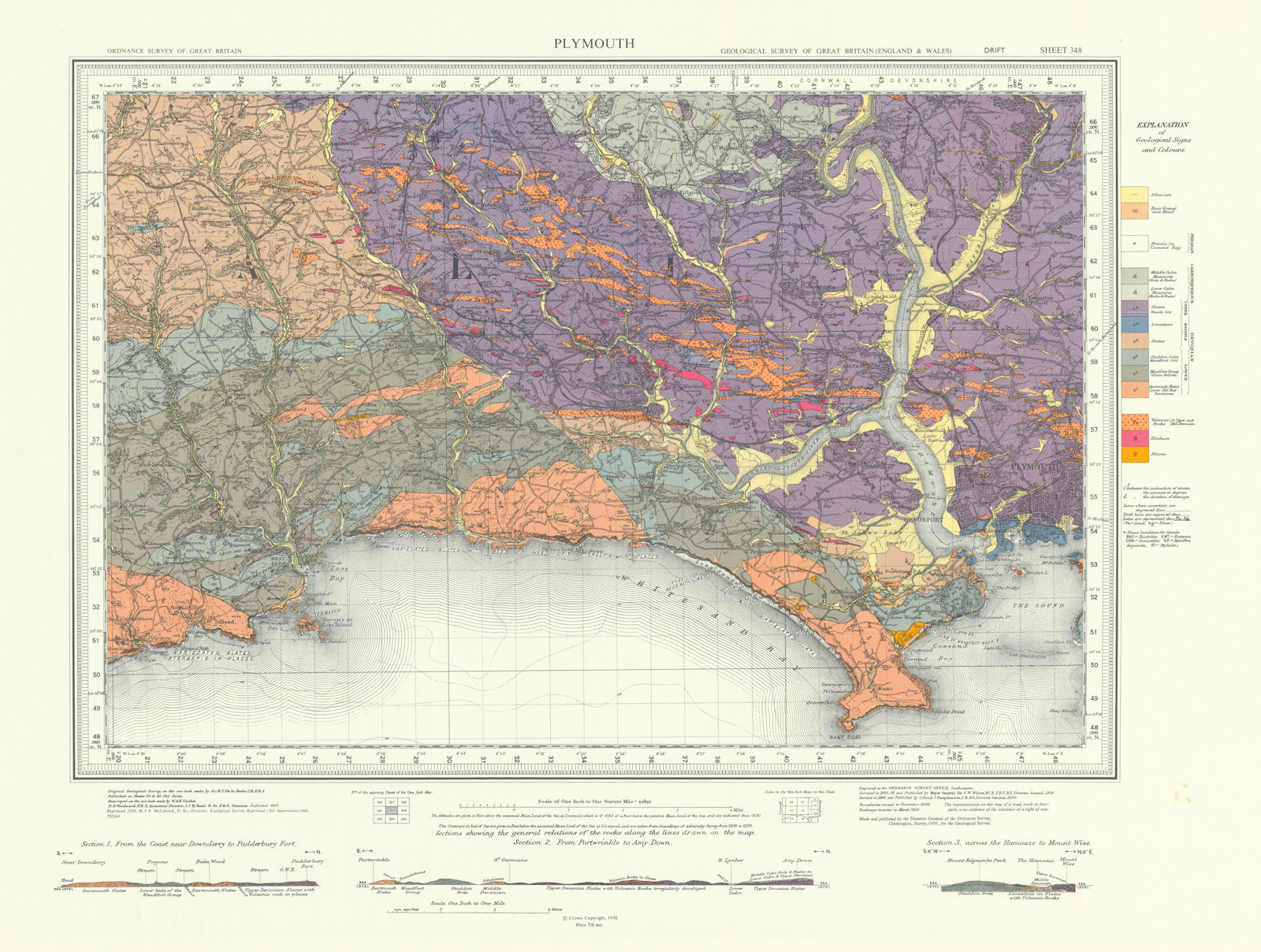 Associate Product Plymouth geological survey sheet 348 Tamar Valley Cornwall Coast Looe 1964 map