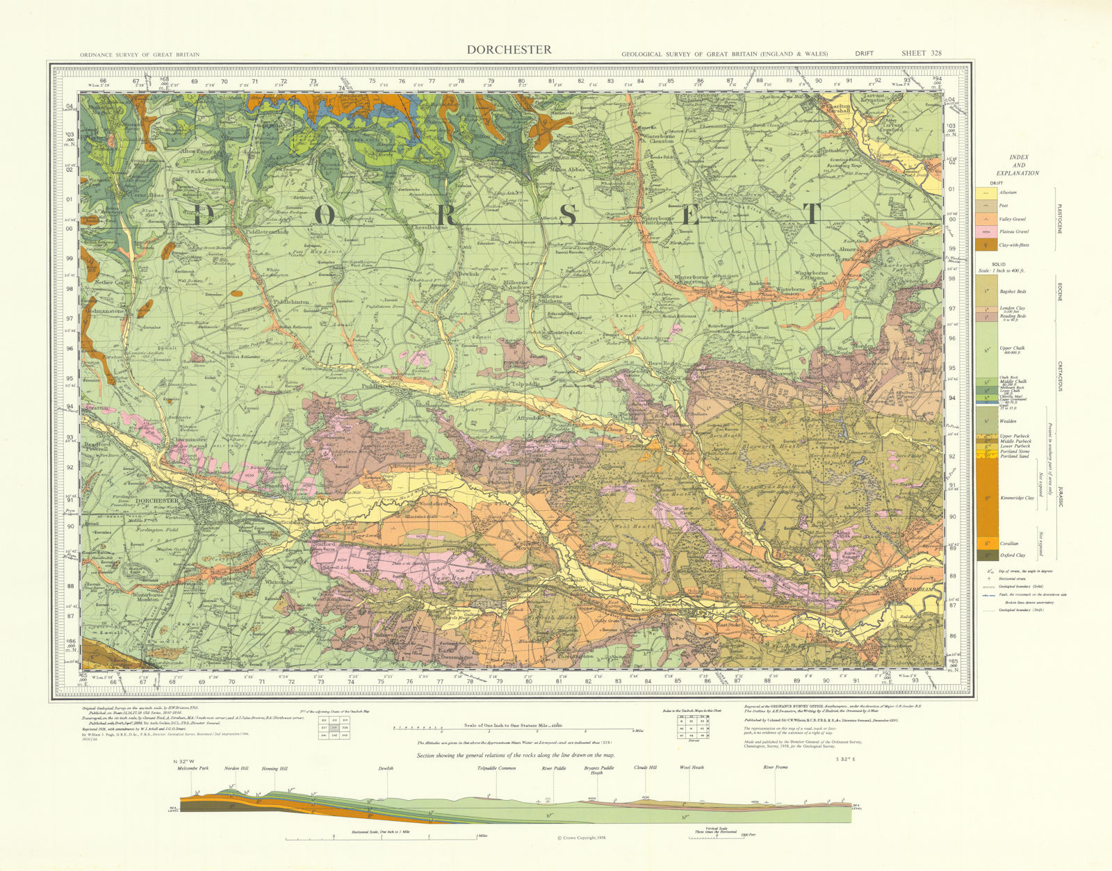 Dorchester. Vintage geological survey map. Sheet 328. Dorset Dorset Downs 1966