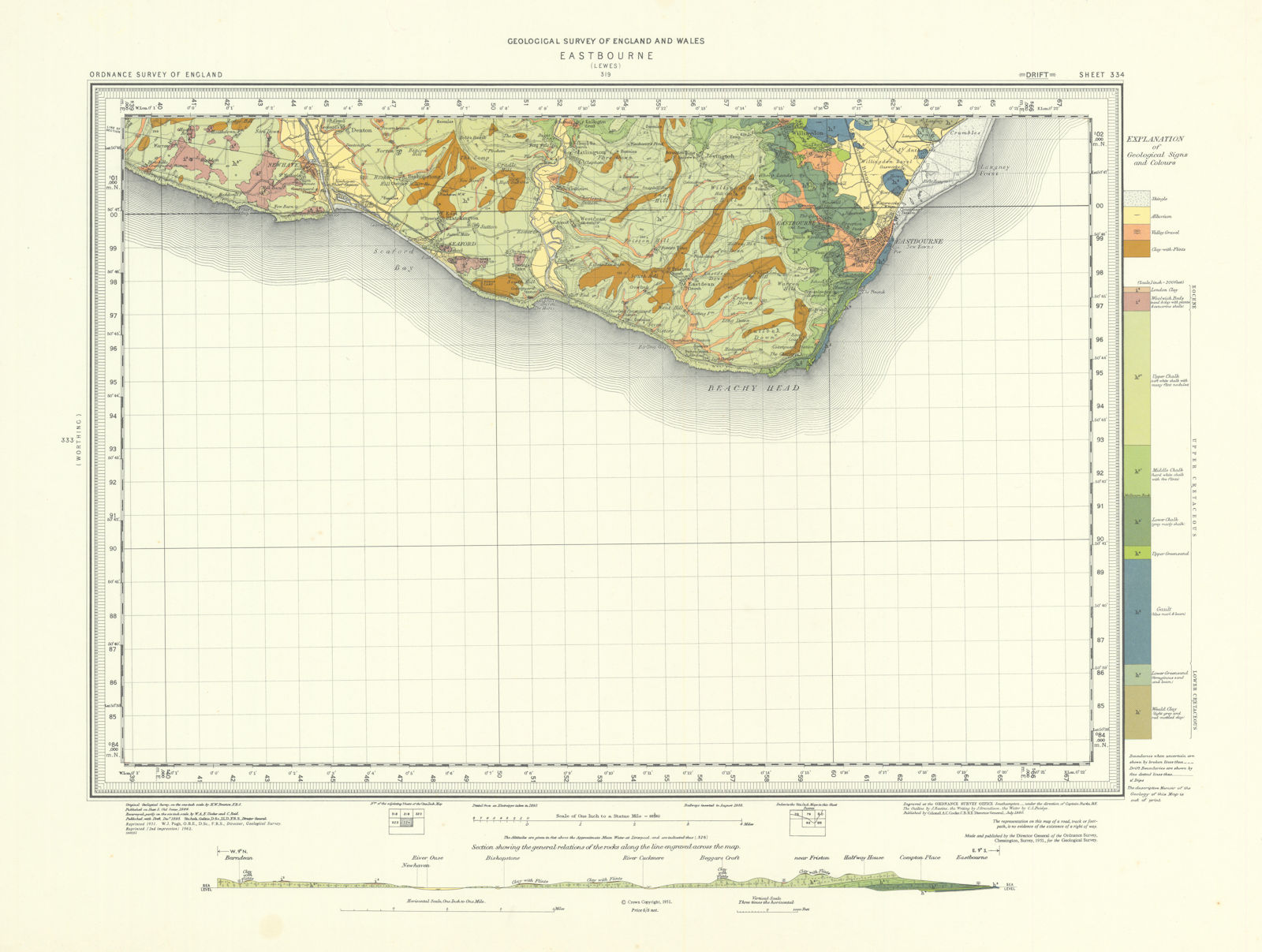 Eastbourne geological survey sheet 334 Sussex Beachy Head Seven Sisters 1962 map