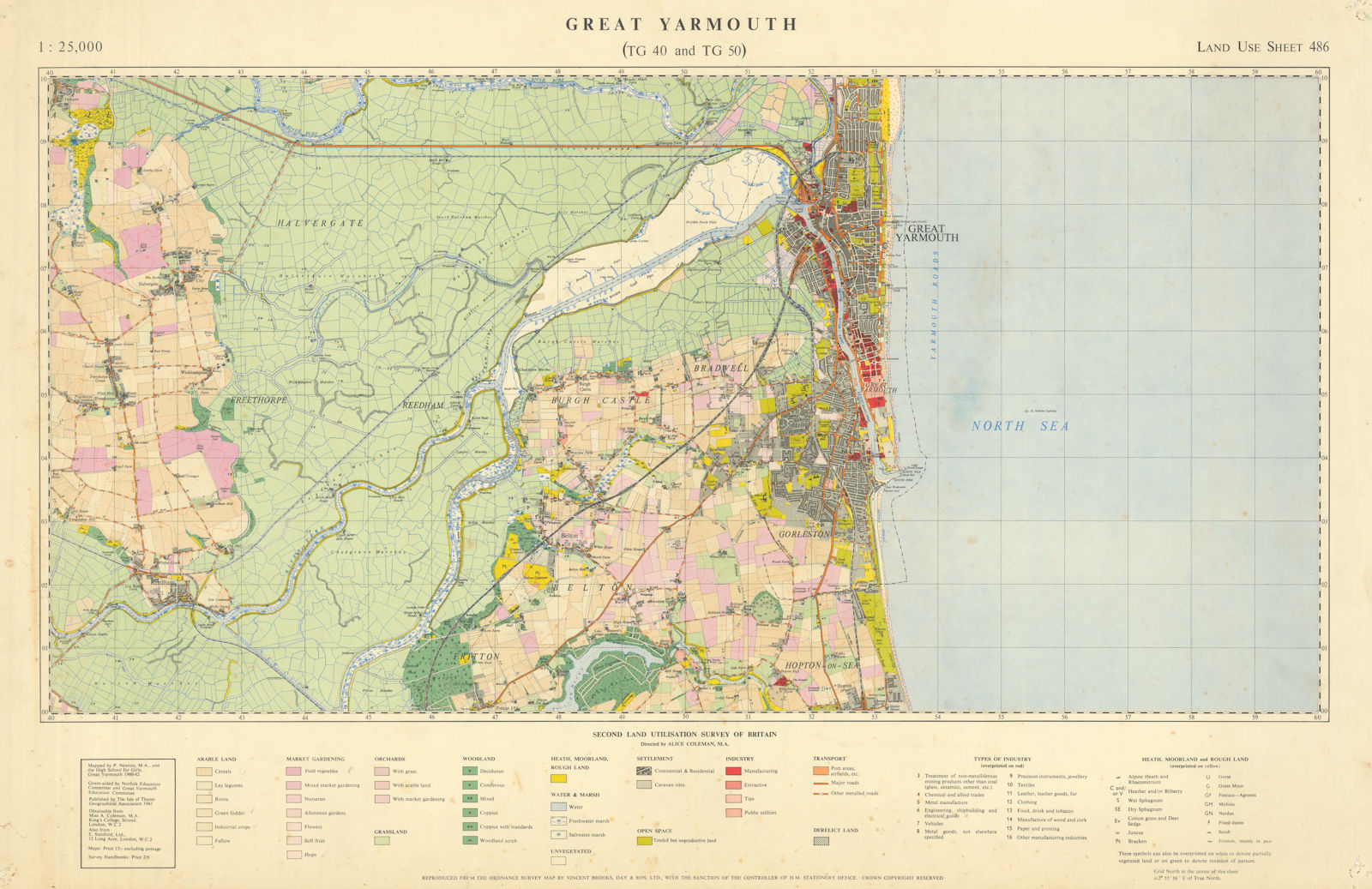 Great Yarmouth & Gorleston TG40 & TG50 Land Use sheet 486. River Yare 1962 map