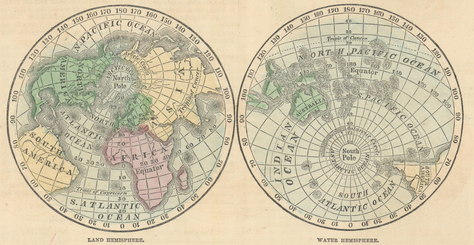 World. Land & Water Hemispheres. JOHNSON 1866 old antique map plan chart