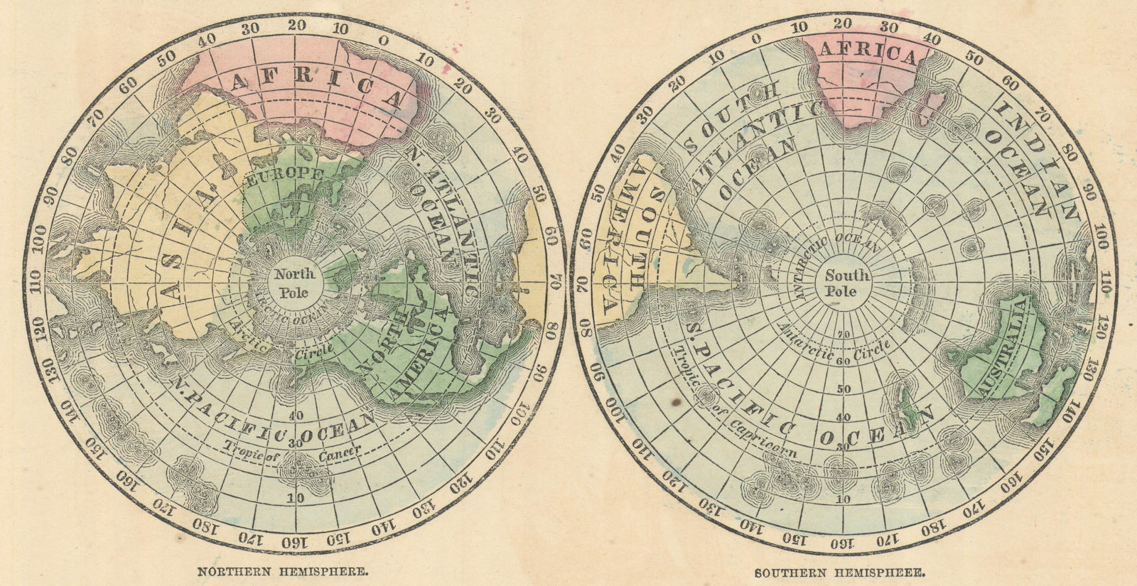 World. Northern Hemisphere & Southern Hemispheres. JOHNSON 1866 old map
