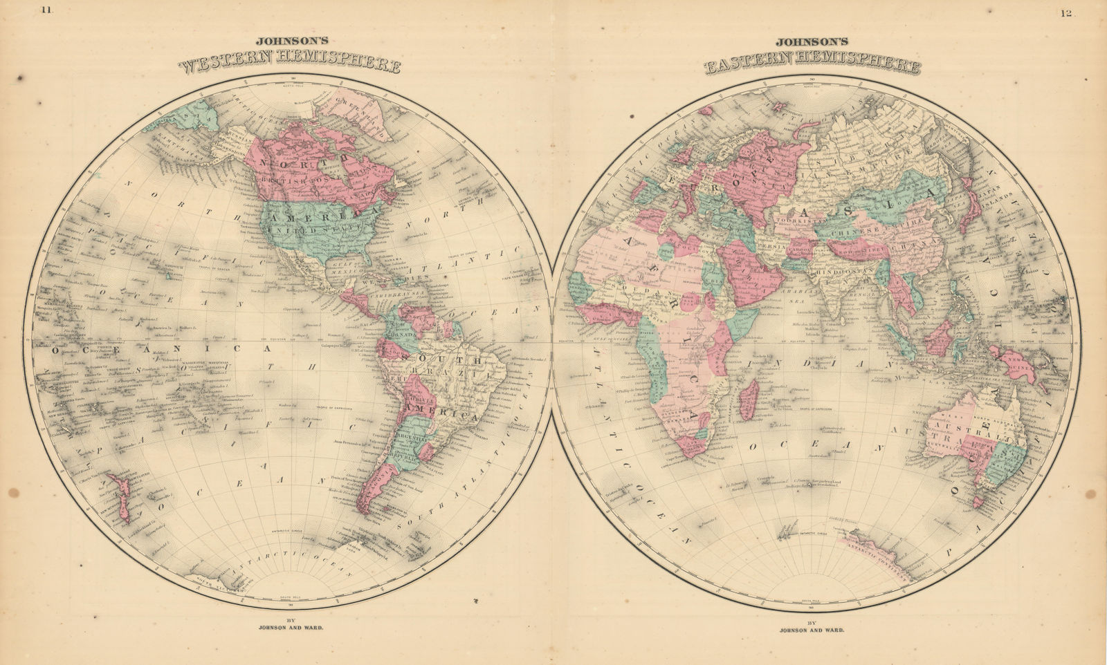 Johnson's Western & Eastern Hemispheres. World 1866 old antique map plan chart