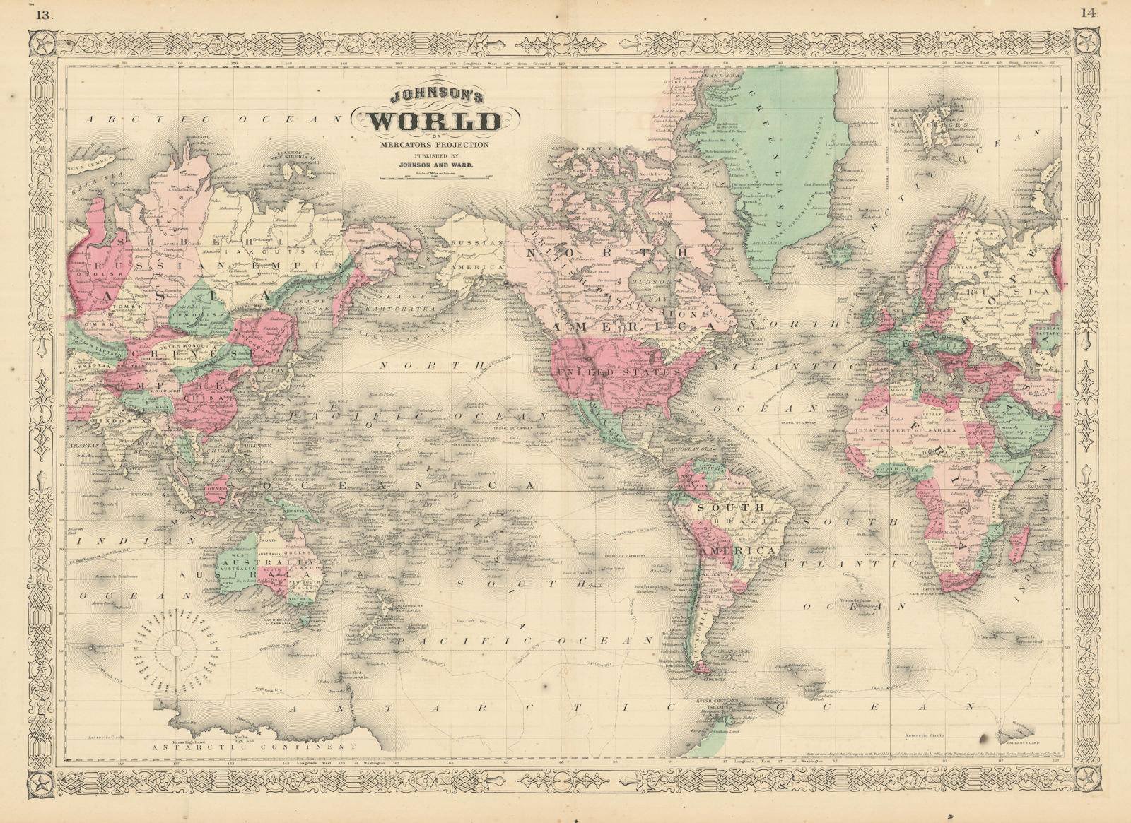 Associate Product Johnson's World on Mercator's Projection. Americas-centric 1866 old map
