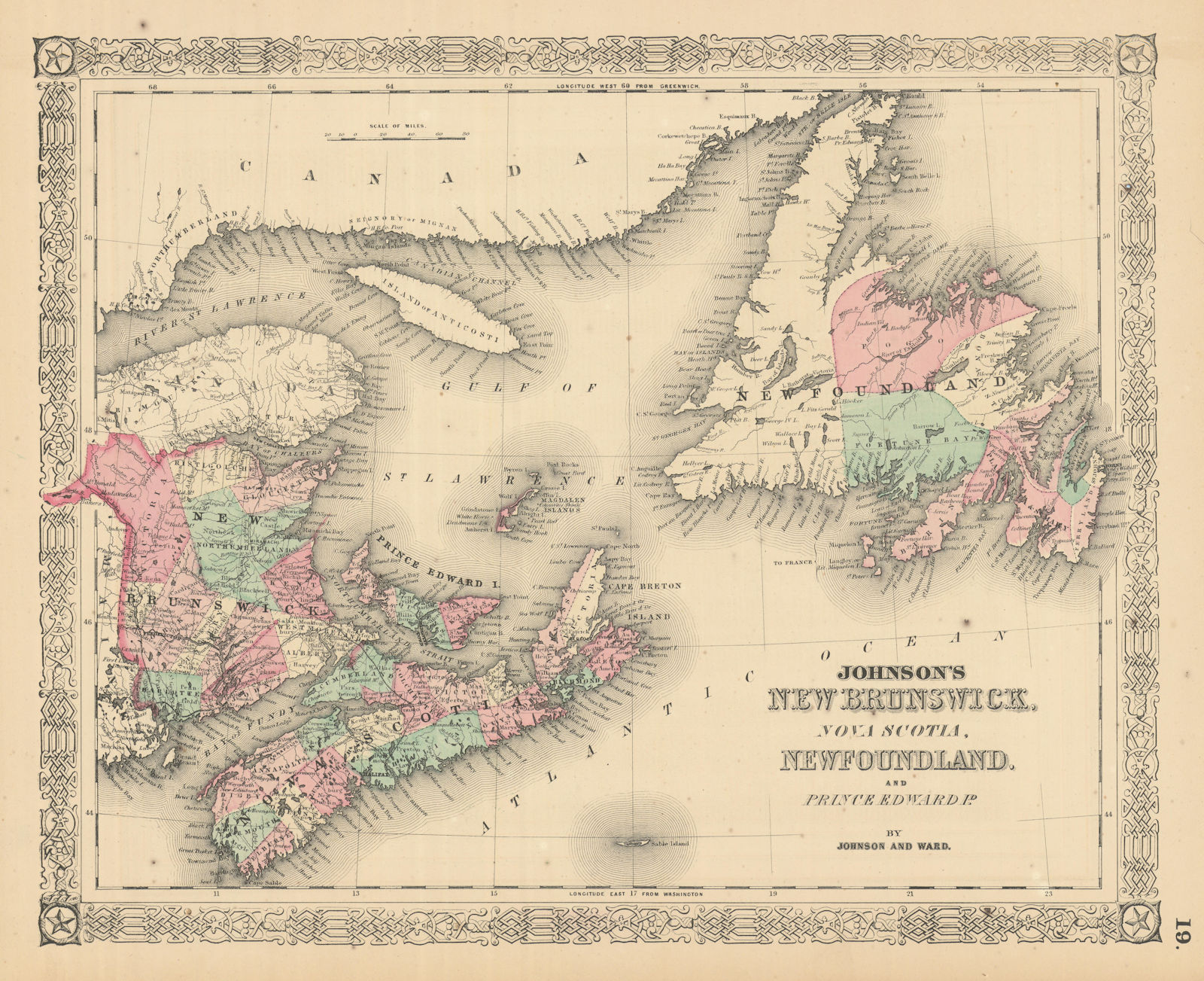 Johnson's New Brunswick, Nova Scotia, Newfoundland & Prince Edward Id. 1866 map