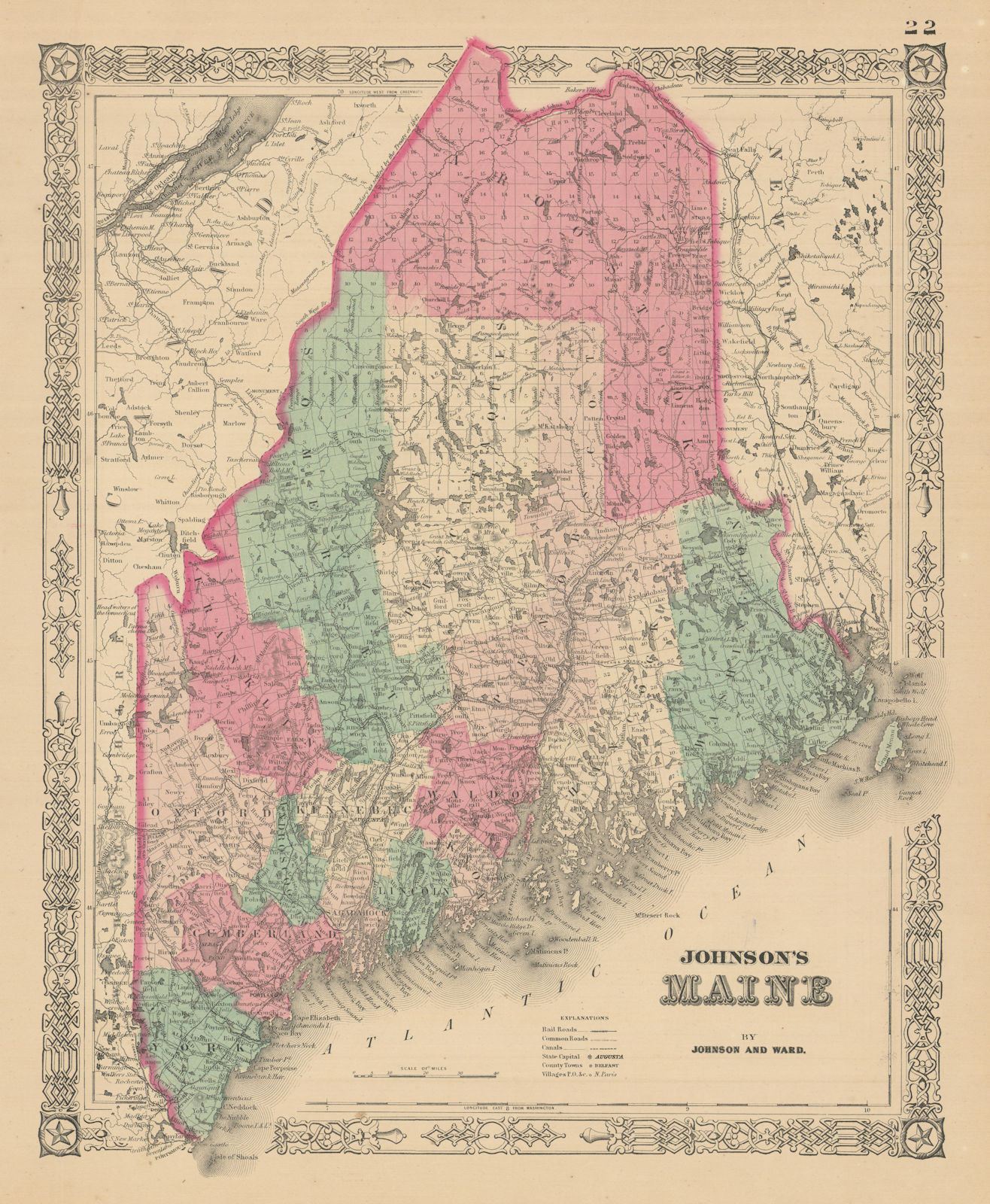 Johnson's Maine. US State map showing counties 1866 old antique plan chart