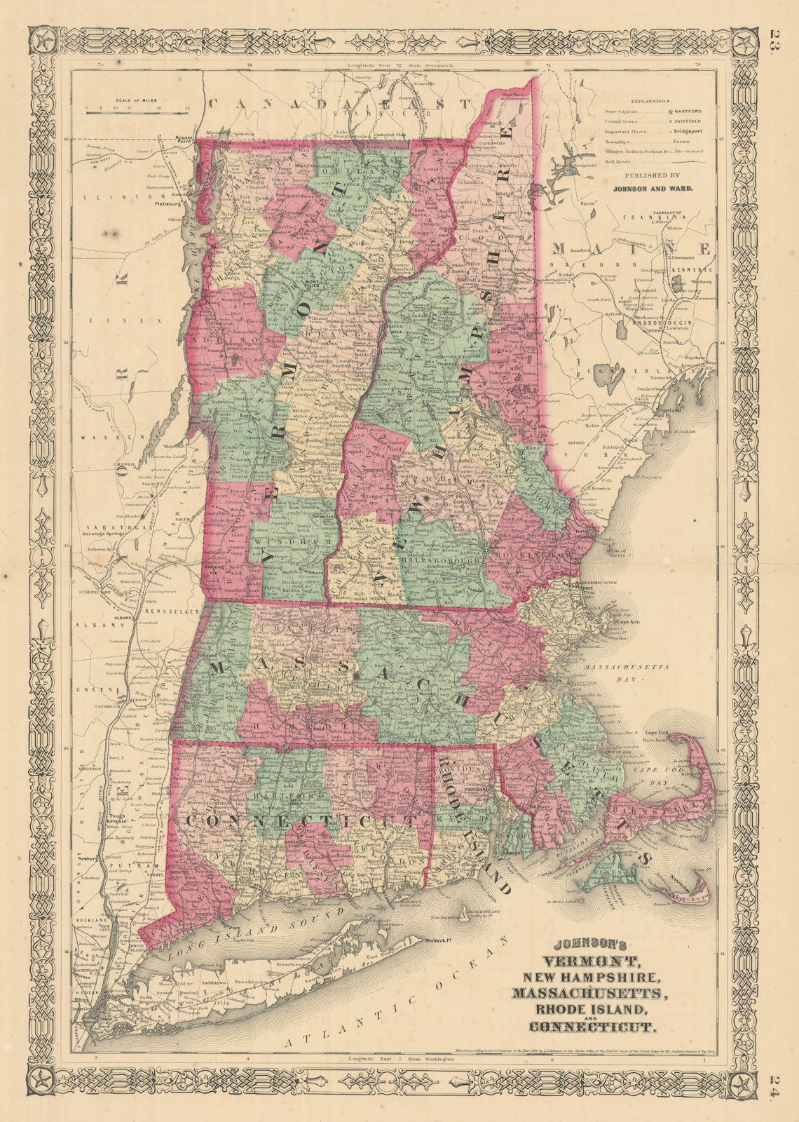 Associate Product Johnson's Vermont New Hampshire Massachusetts Rhode Island Connecticut 1866 map