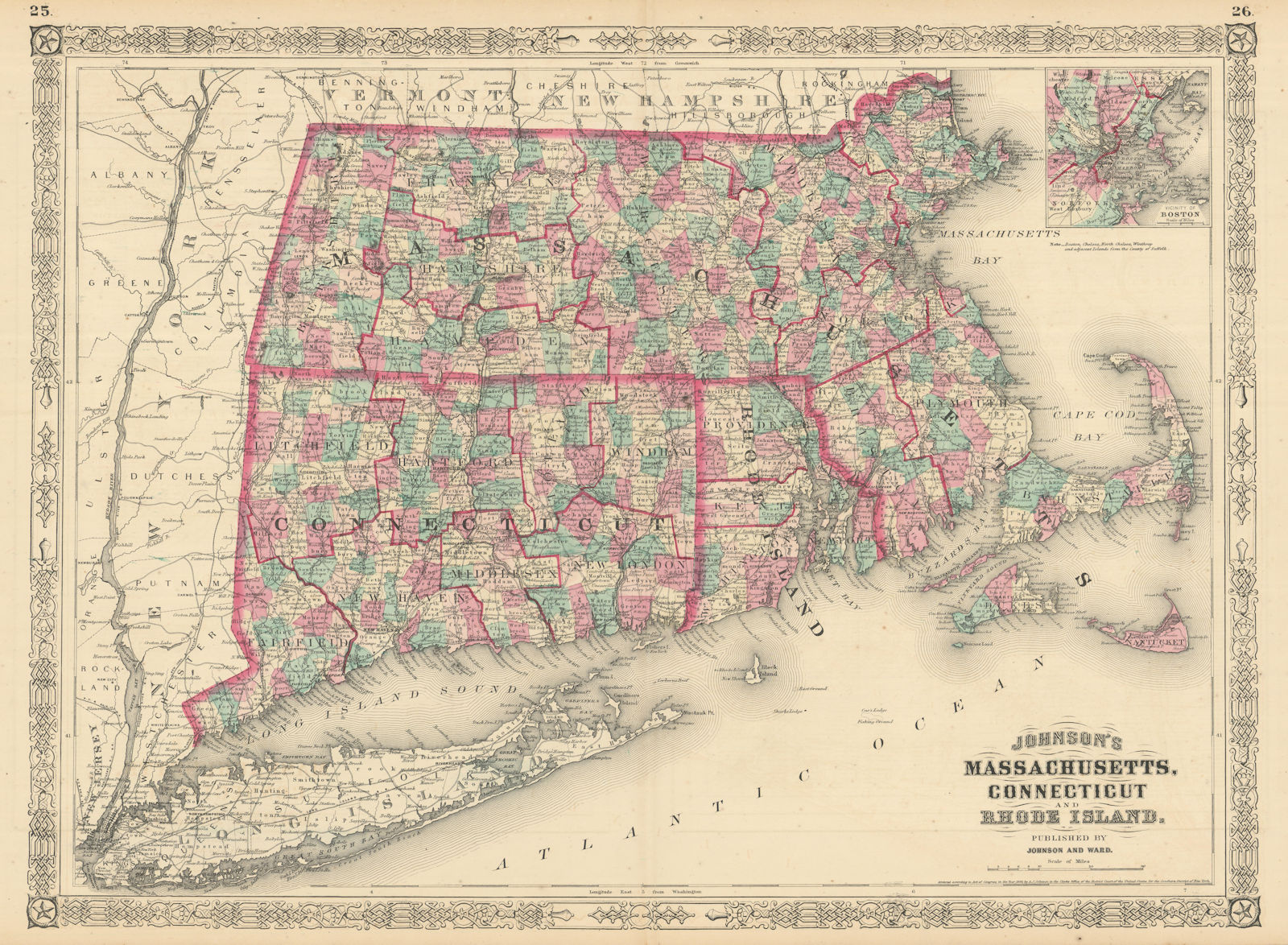 Associate Product Johnson's Massachusetts, Connecticut & Rhode Island 1866 old antique map chart