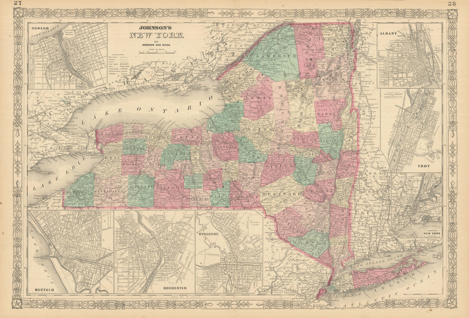 Johnson's New York state map. Albany Troy Rochester Buffalo Syracuse 1866