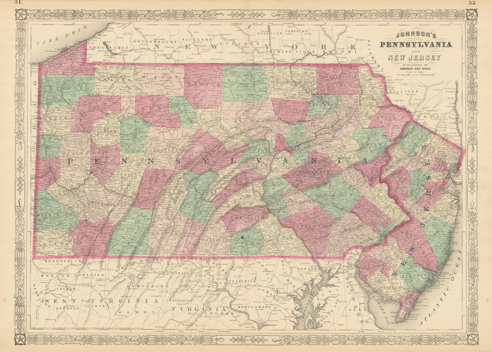 Johnson's Pennsylvania and New Jersey. US state map showing counties 1866