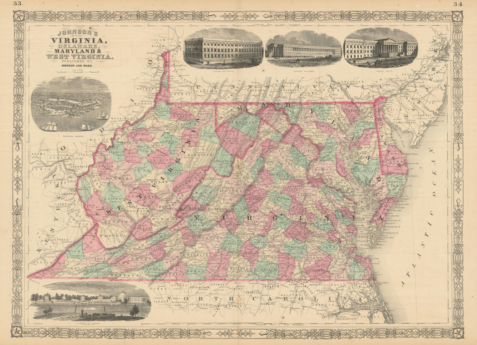 Johnson's Virginia, Delaware, Maryland & West Virginia. Counties 1866 old map
