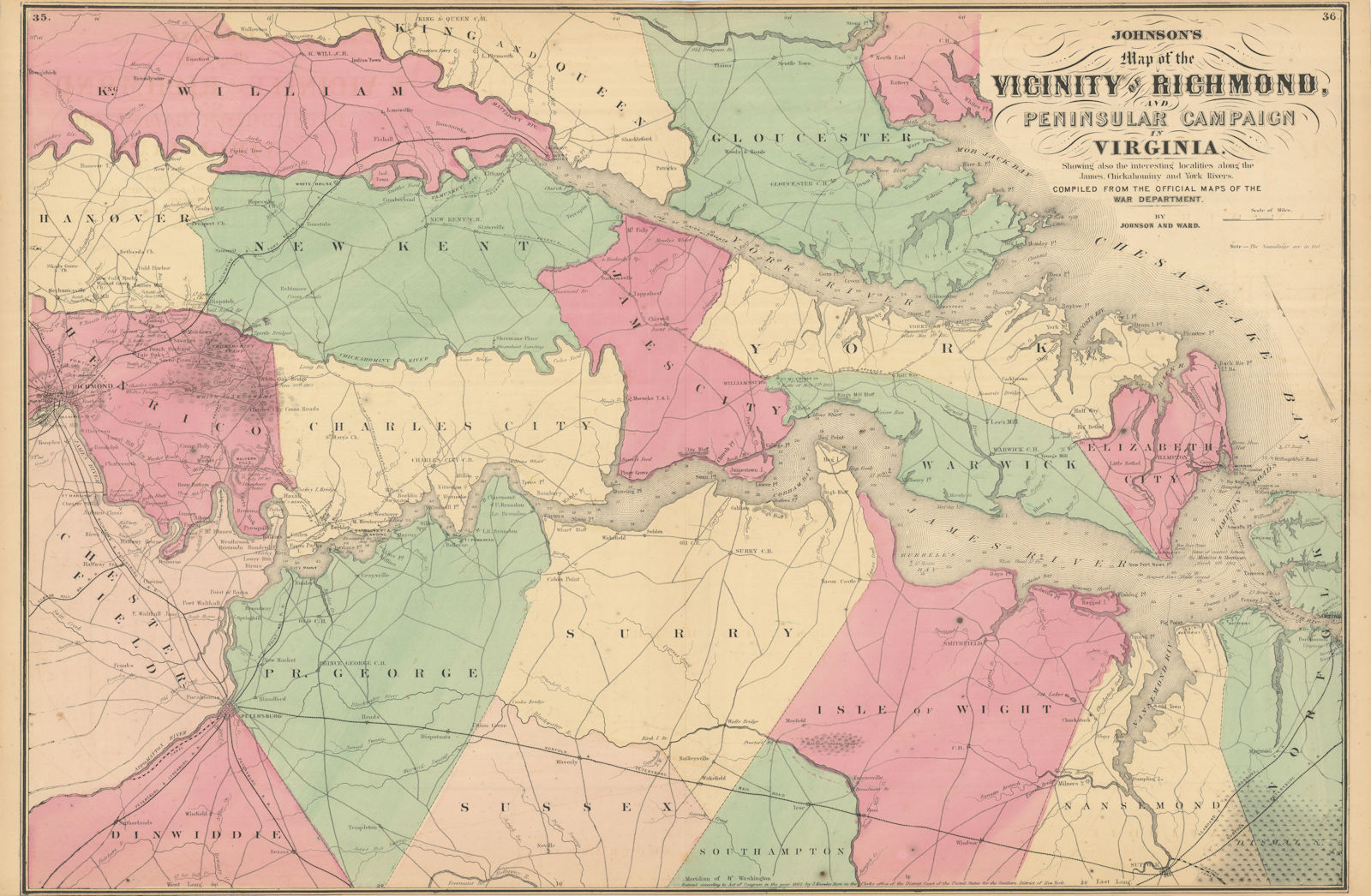 Vicinity of Richmond & Peninsular Campaign in Virginia. JOHNSON 1866 old map