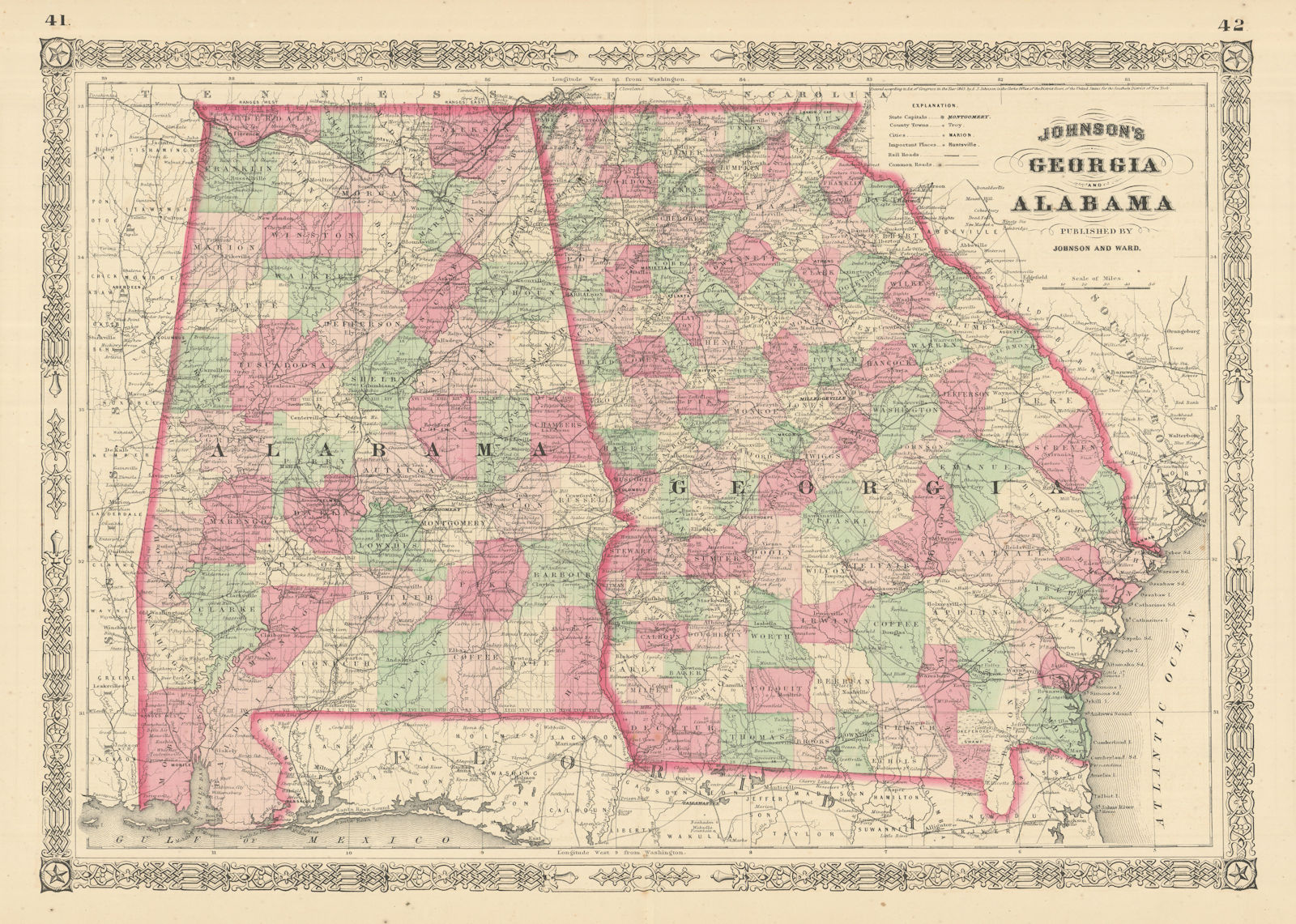 Johnson's Georgia & Alabama. US state map showing counties 1866 old