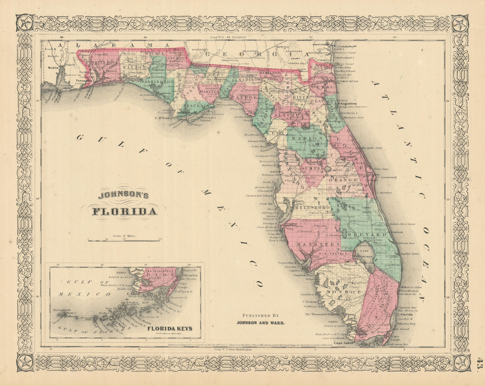 Johnson's Florida. Florida Keys. US state map showing counties 1866 old