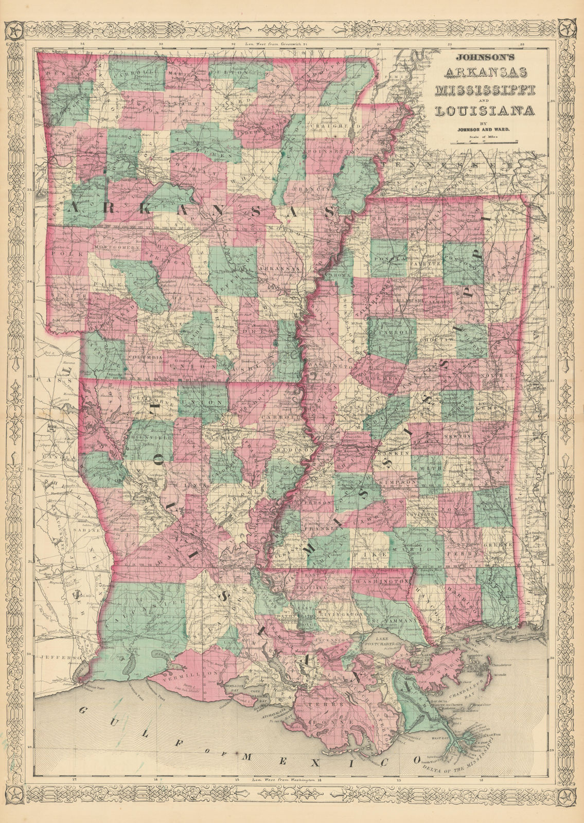 Johnson's Arkansas, Mississippi & Louisiana showing counties/parishes 1866 map