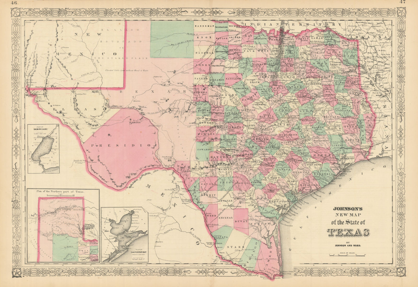 Johnson's New map of the State of Texas. US state map showing counties 1866
