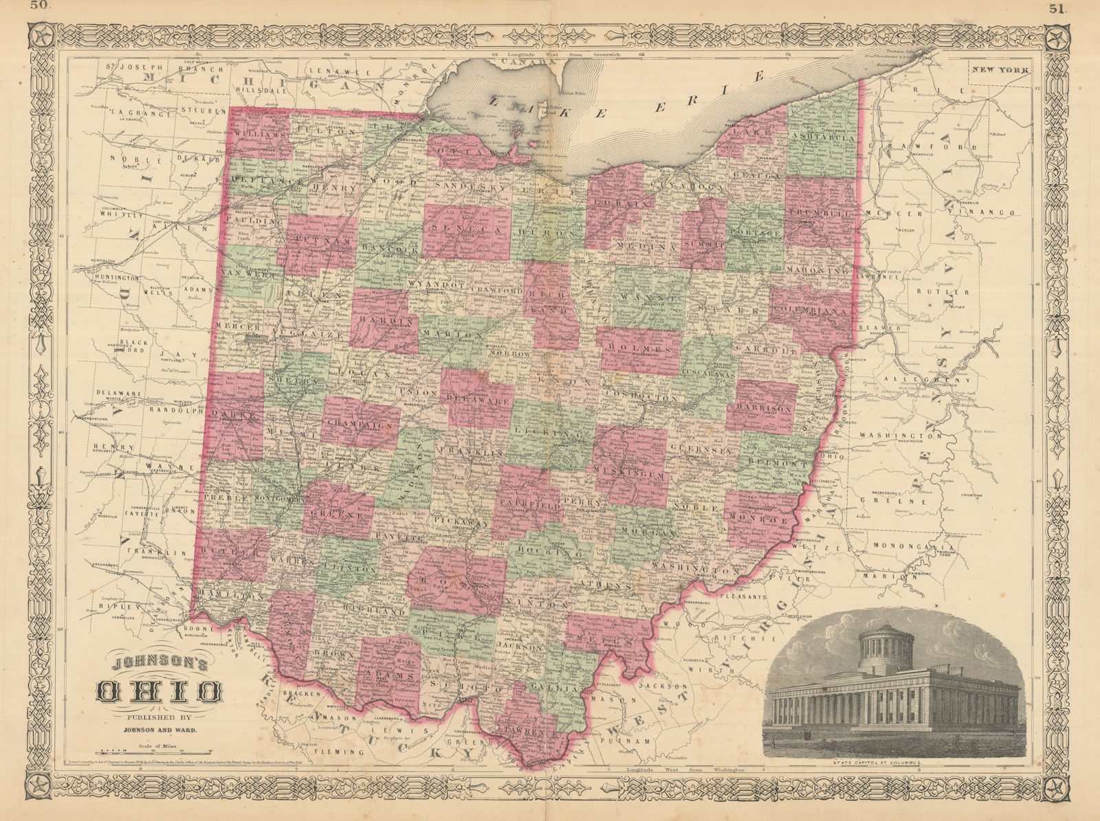 Johnson's Ohio. US state map showing counties 1866 old antique plan chart