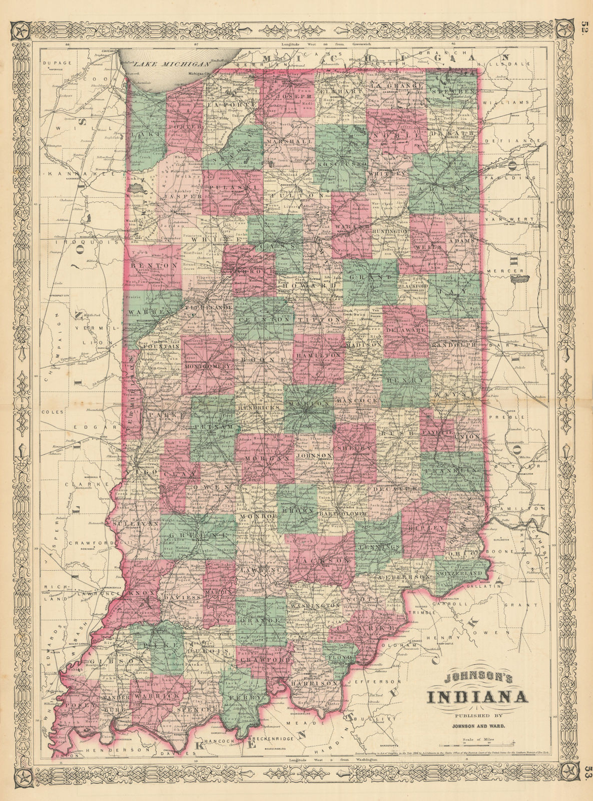 Johnson's Indiana. US state map showing counties 1866 old antique chart