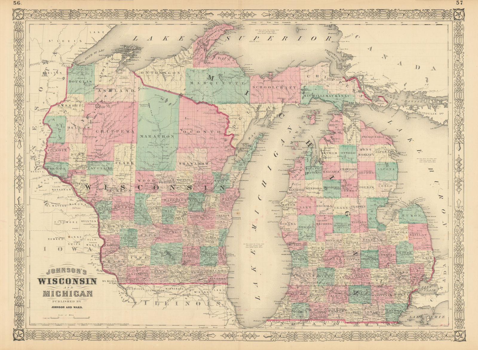 Johnson's Wisconsin & Michigan. State map showing counties. Great Lakes 1866