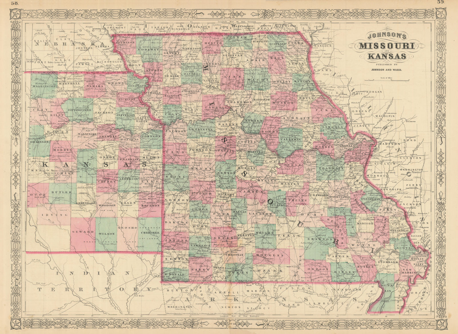 Johnson's Missouri & Kansas. US state map showing counties 1866 old