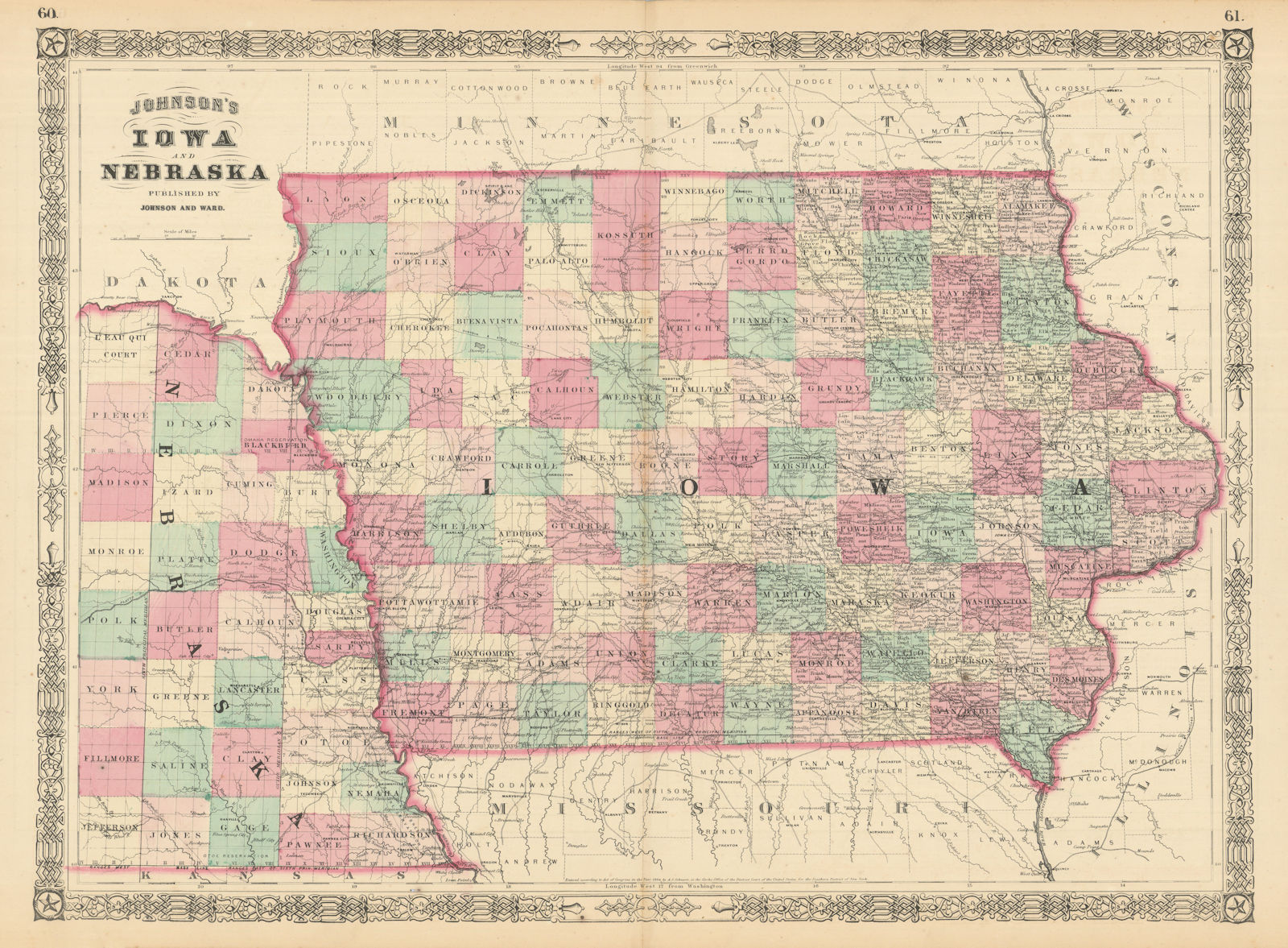 Johnson's Iowa & Nebraska. US state map showing counties 1866 old antique
