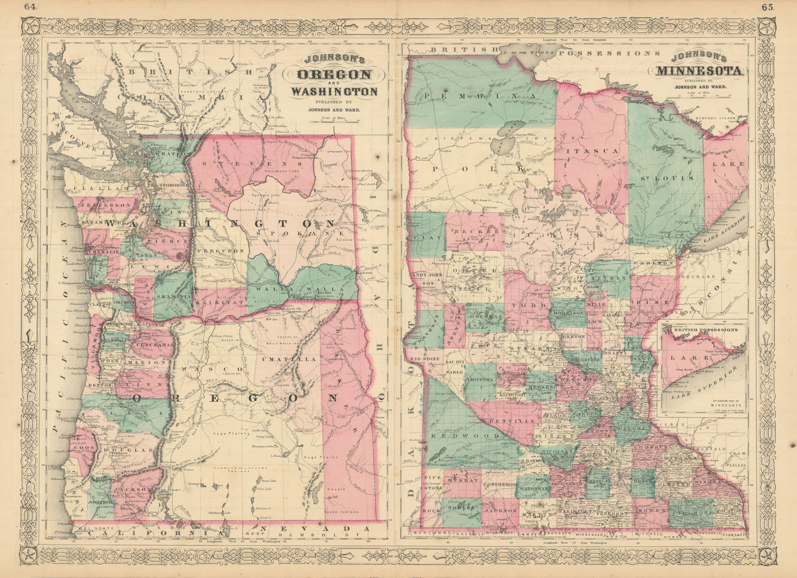 Johnson's Oregon, Washington & Minnesota. US state map showing counties 1866