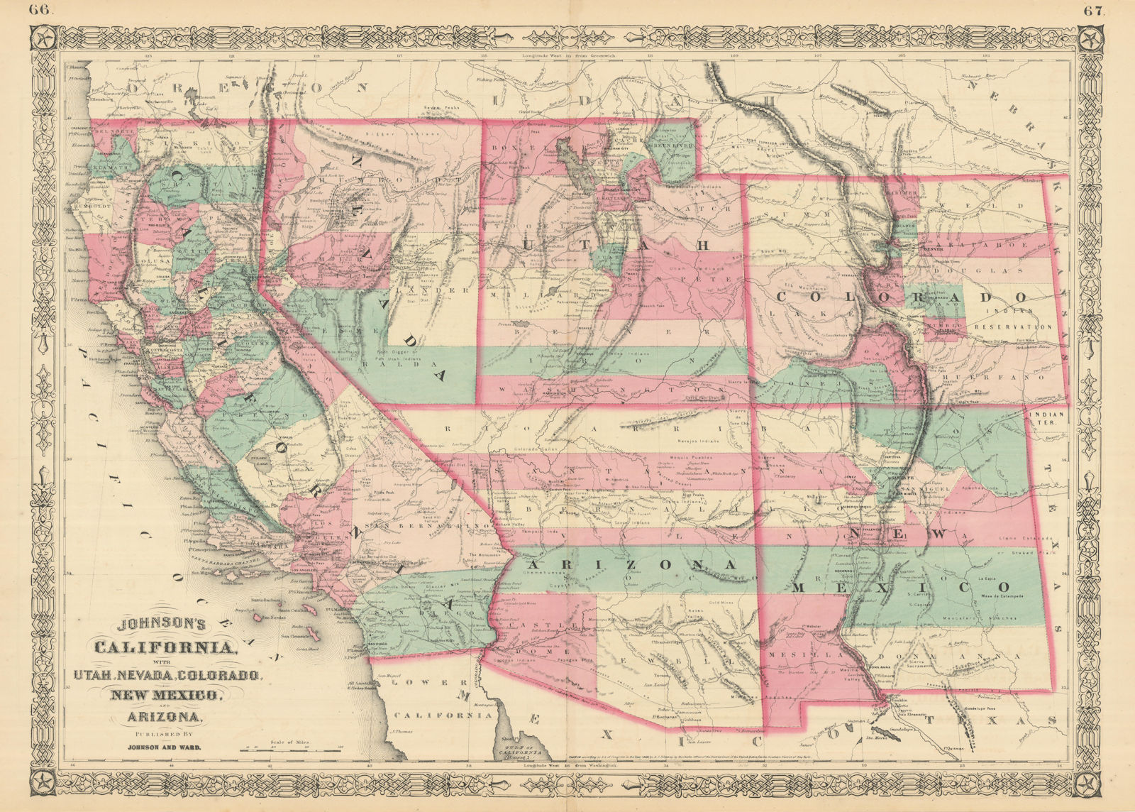 Johnson's California with Utah, Nevada, Colorado, New Mexico & Arizona 1866 map