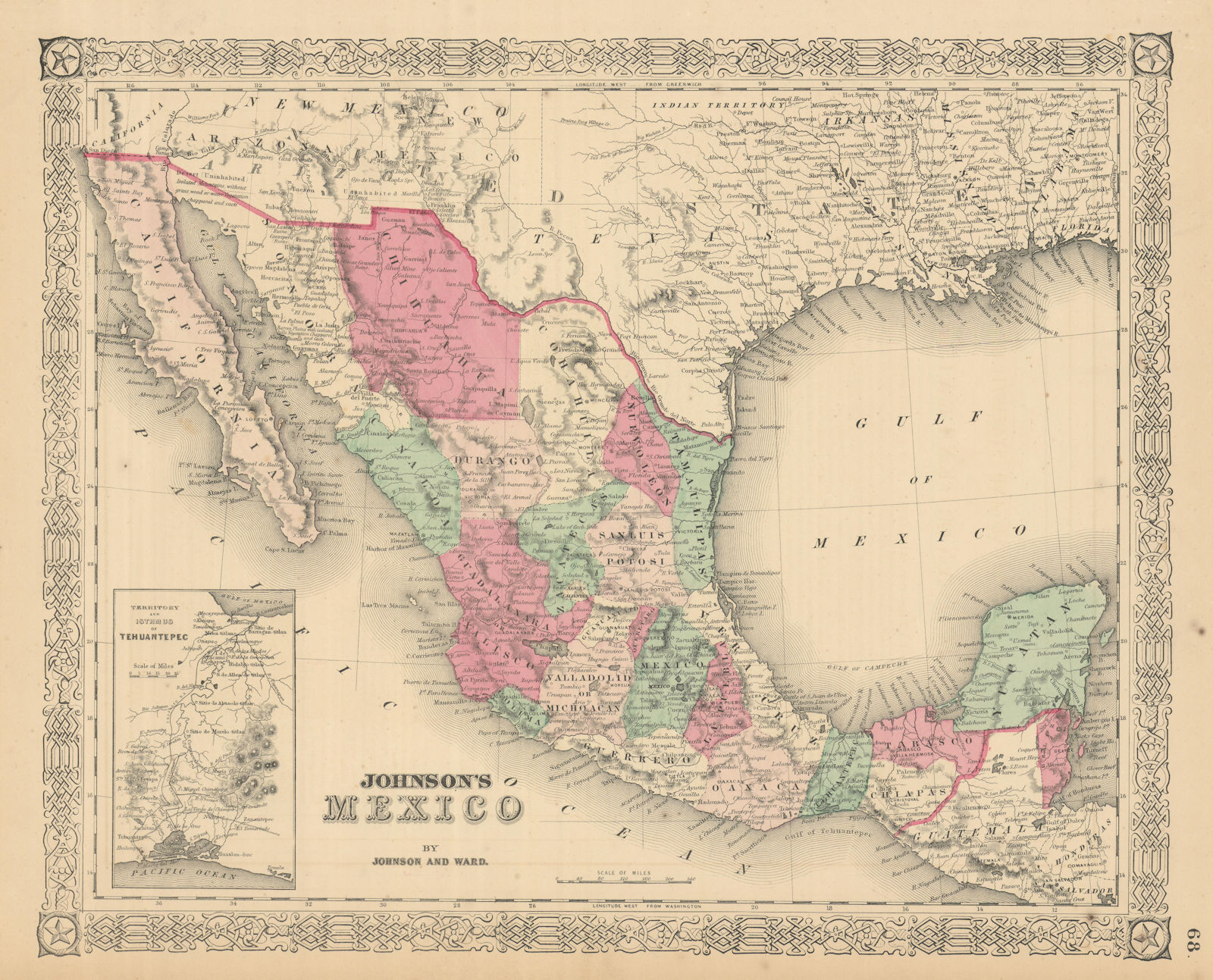 Johnson's Mexico showing states. Tehuantepec 1866 old antique map plan chart