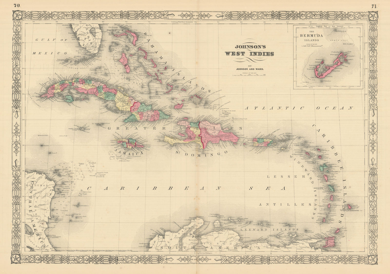 Johnson's West Indies. Bermuda Islands. Caribbean Bahamas Antilles 1866 map