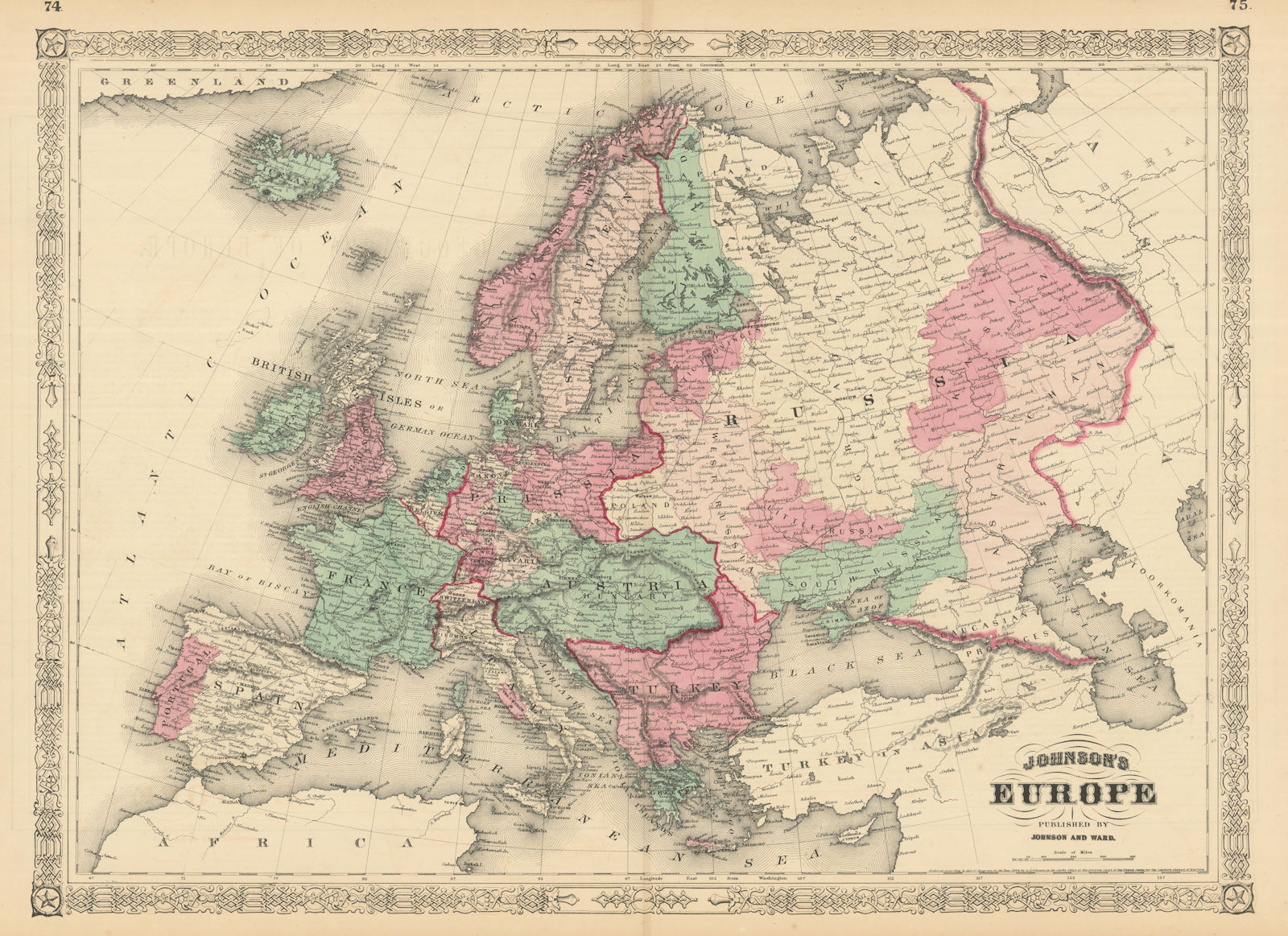 Johnson's Europe. Austria Hungary Prussia Turkey Papal States 1866 old map