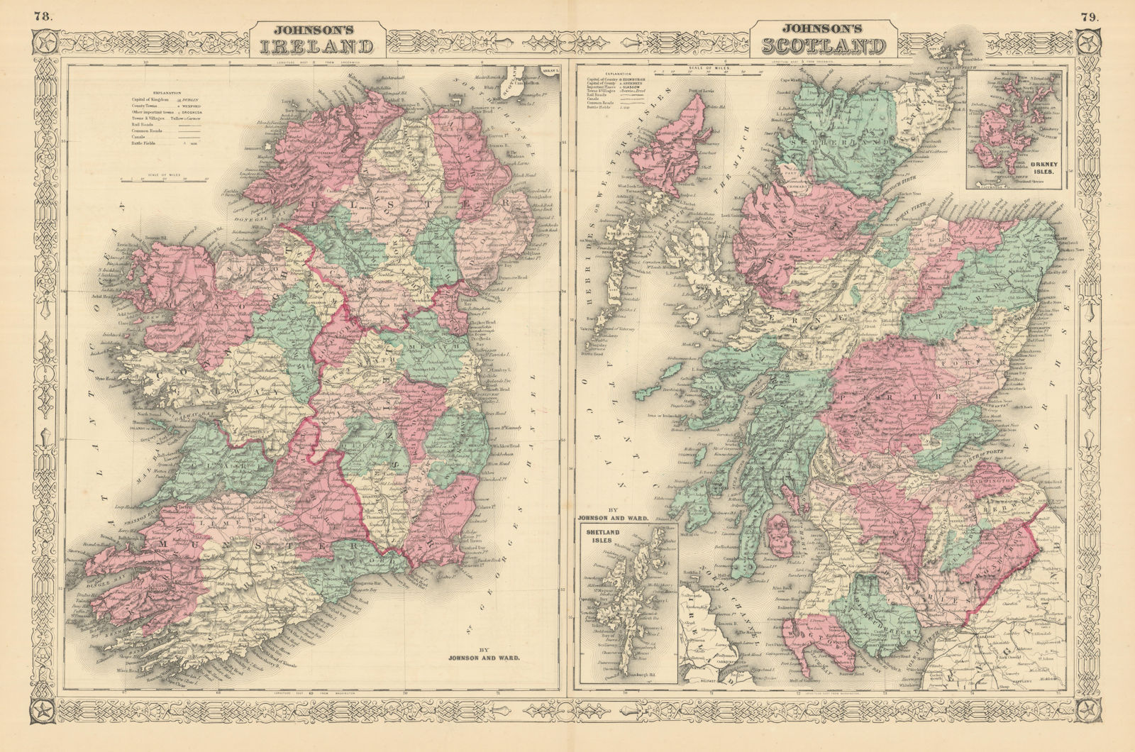 Johnson's Ireland & Johnson's Scotland showing counties 1866 old antique map