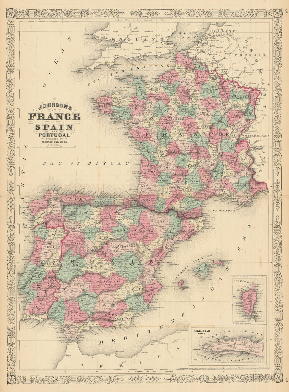 Johnson's France, Spain and Portugal. Corsica Gibraltar Iberia 1866 old map