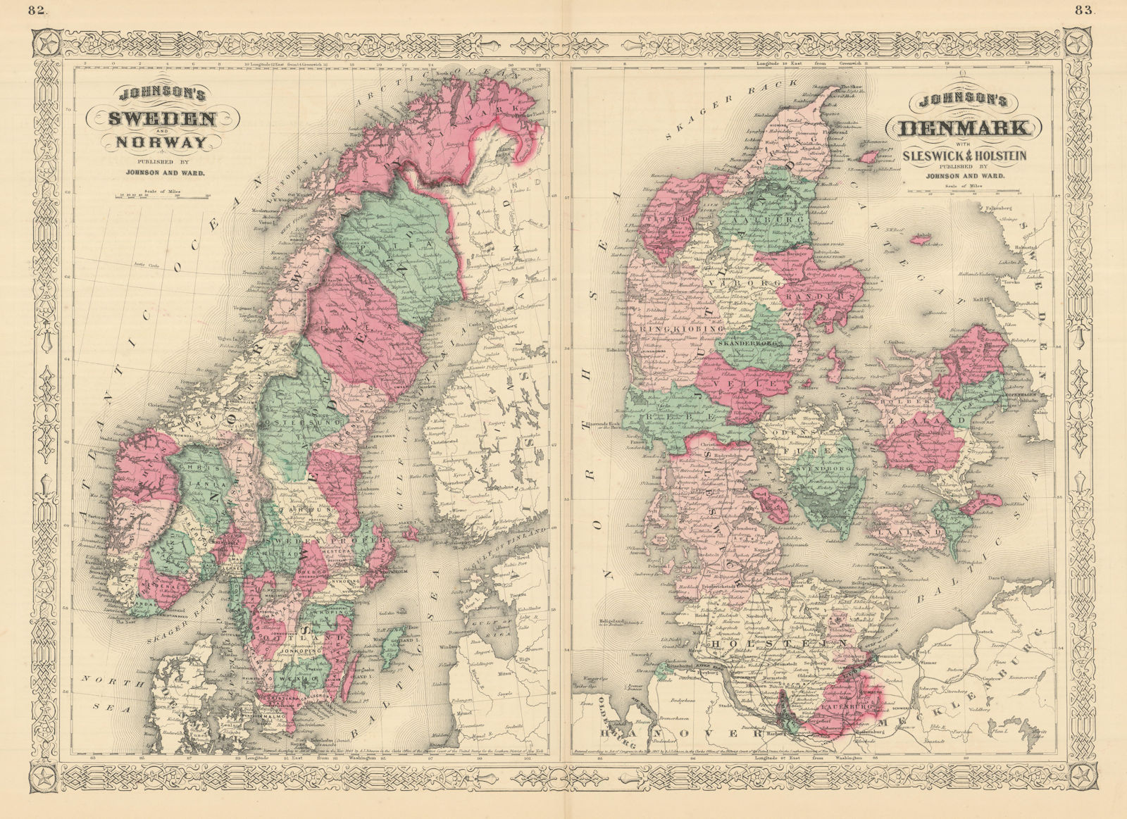 Johnson's Sweden, Norway & Denmark with Sleswick & Holstein. Schleswig 1866 map