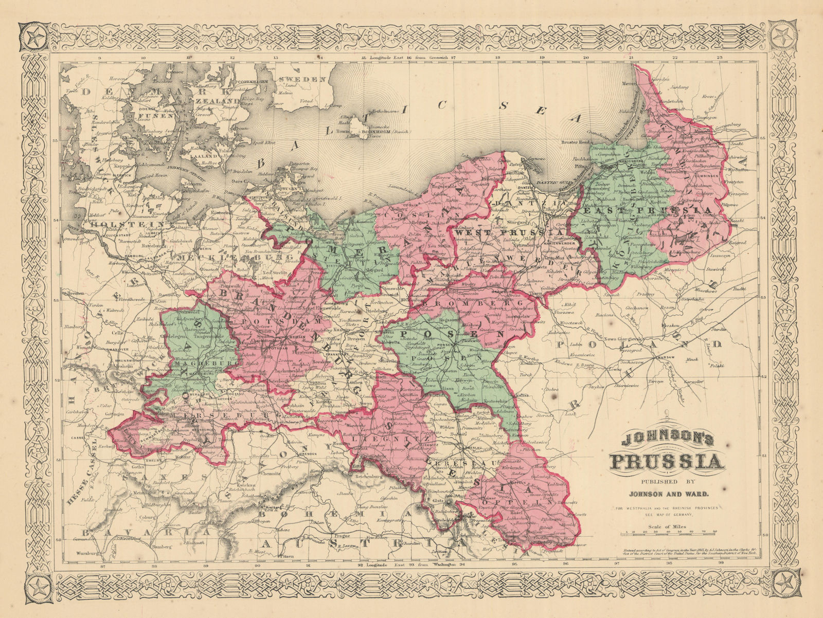 Johnson's Prussia. Saxony Silesia Brandenburg Pomerania Posen Poland 1866 map