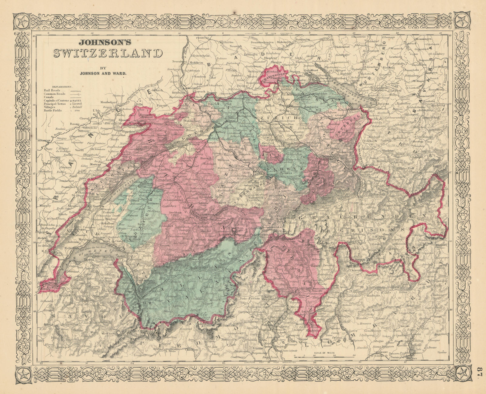 Johnson's Switzerland in cantons 1866 old antique vintage map plan chart