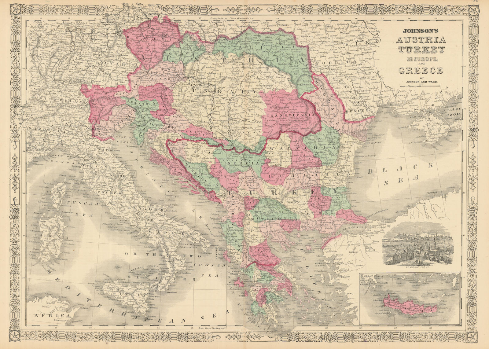 Johnson's Austria, Turkey in Europe and Greece. Balkans Venice 1866 old map