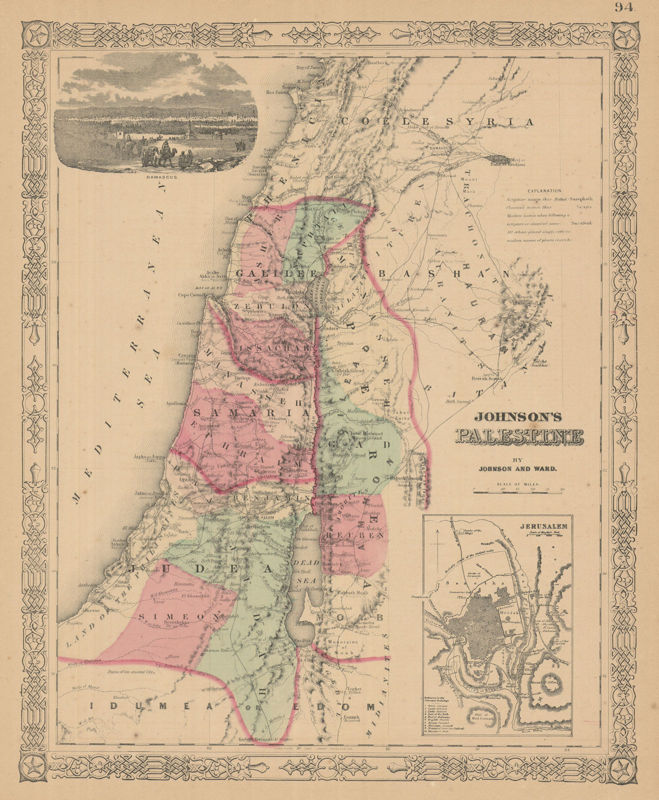 Johnson's Palestine. Jerusalem Damascus. 12 tribes of Israel. Holy Land 1866 map